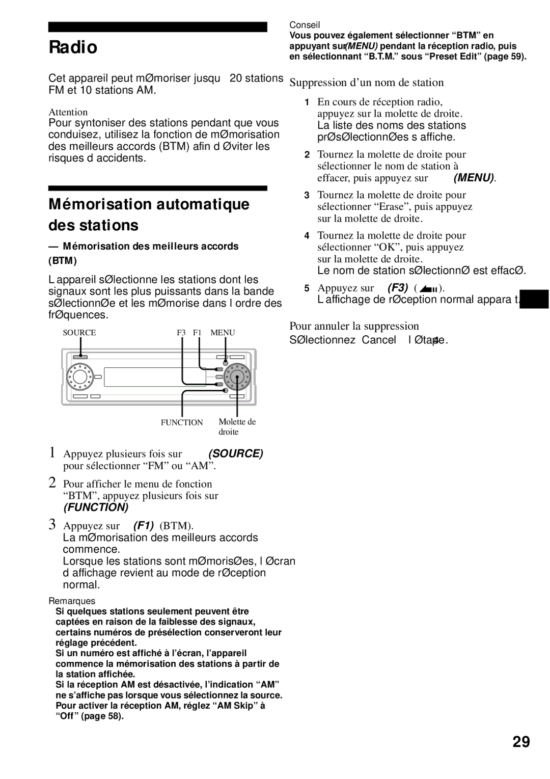 Sony MEX-1HD Mémorisation automatique des stations, Mémorisation des meilleurs accords BTM, Pour annuler la suppression 