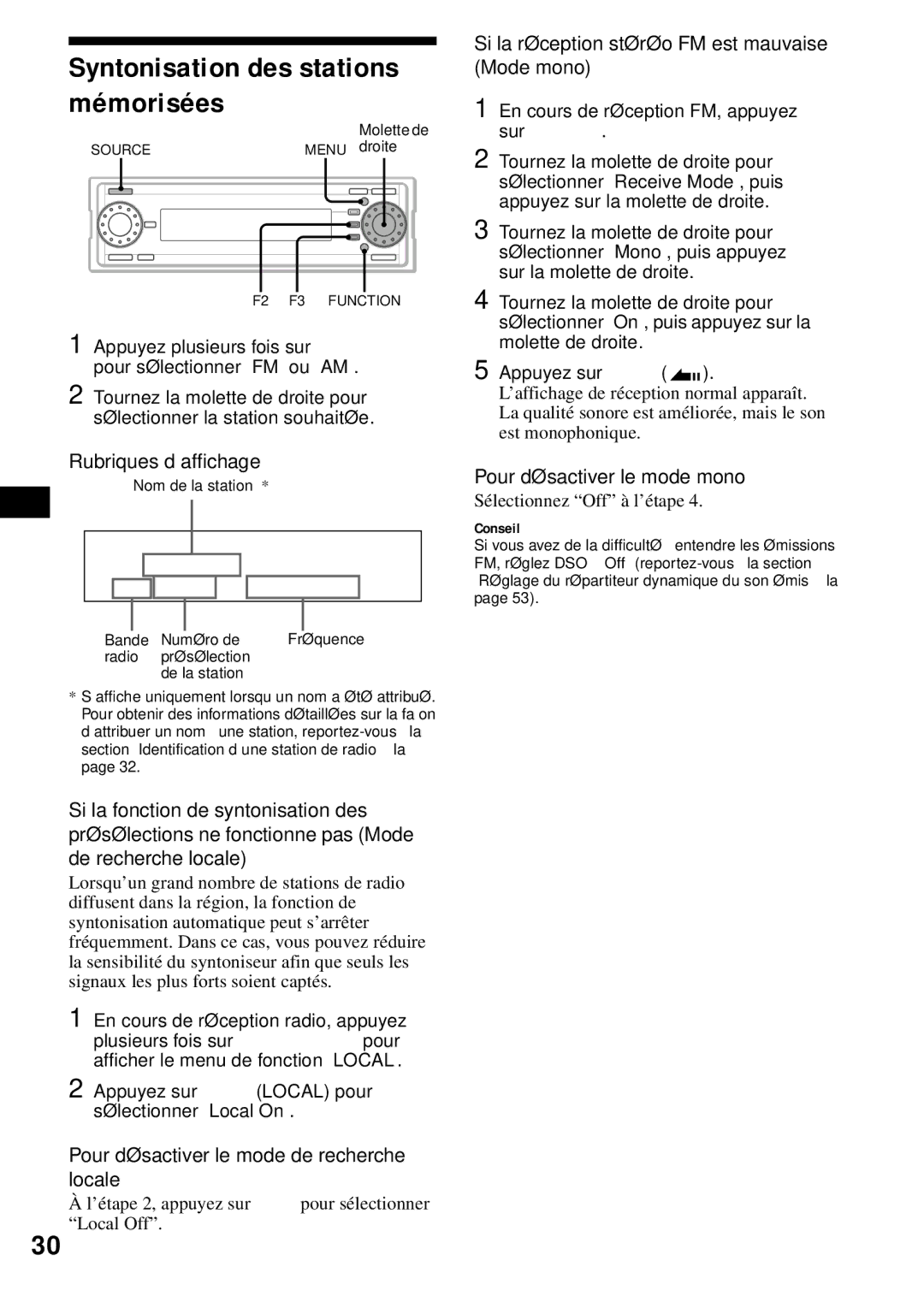 Sony MEX-1HD Syntonisation des stations mémorisées, Rubriques d’affichage, Pour désactiver le mode de recherche locale 