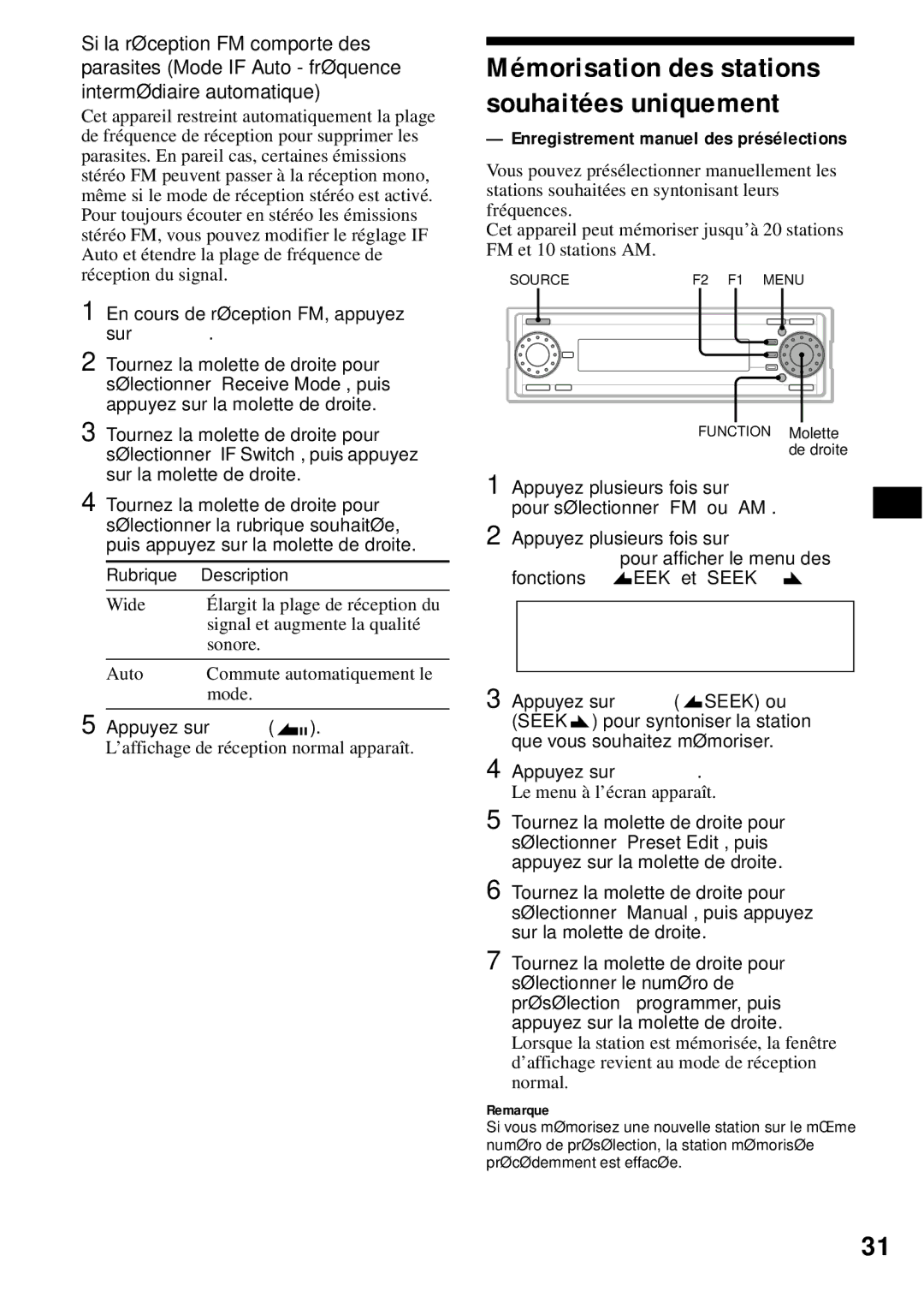 Sony MEX-1HD Mémorisation des stations souhaitées uniquement, Enregistrement manuel des présélections, Rubrique 