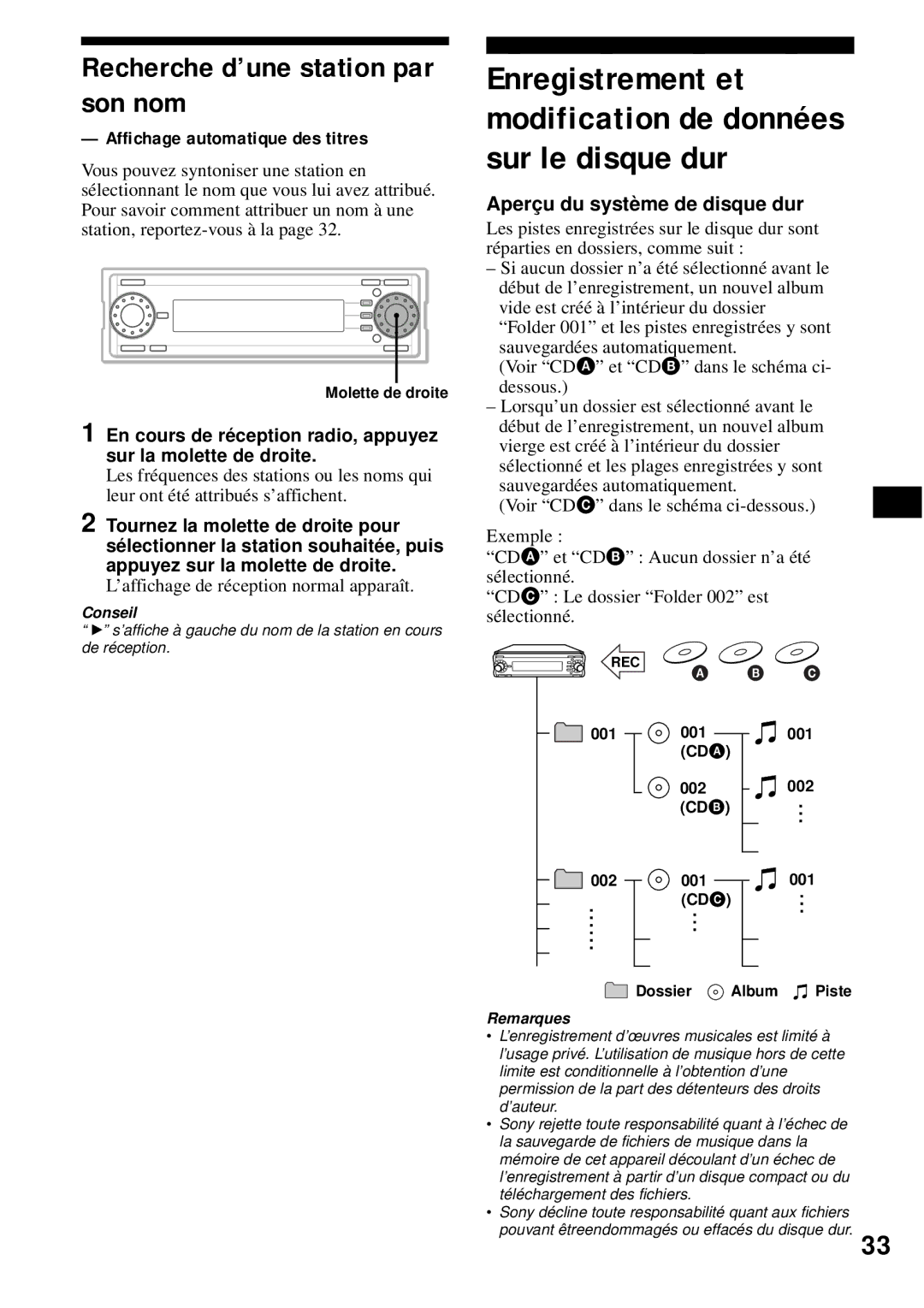 Sony MEX-1HD operating instructions Recherche d’une station par son nom, Aperçu du système de disque dur 