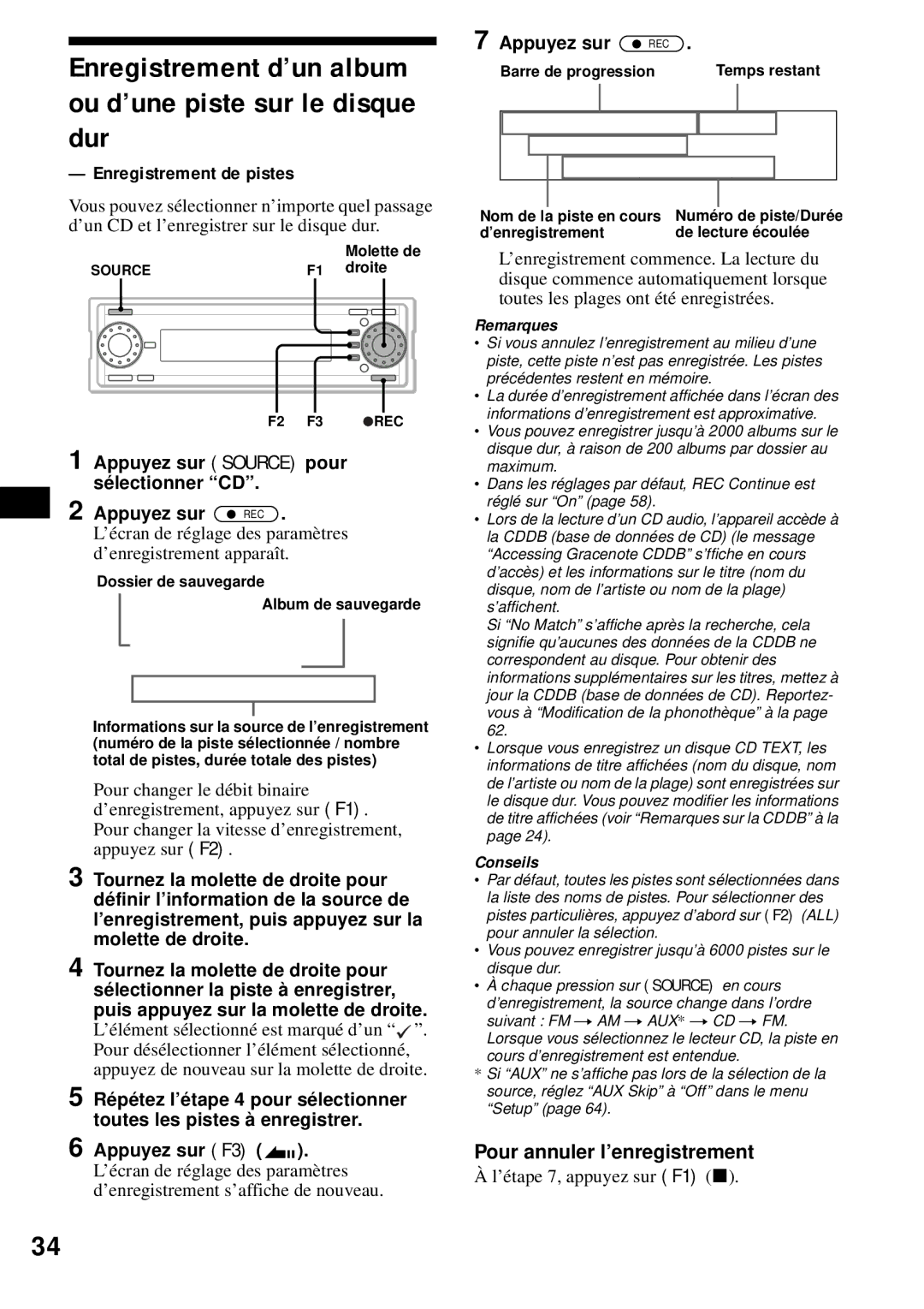 Sony MEX-1HD operating instructions Enregistrement d’un album ou d’une piste sur le disque dur, Enregistrement de pistes 