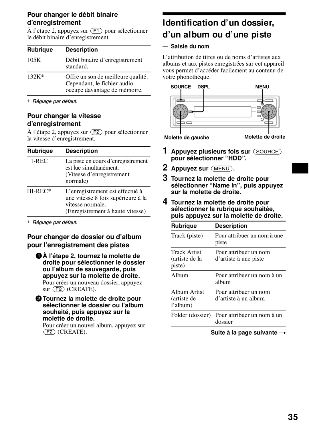 Sony MEX-1HD Identification d’un dossier, d’un album ou d’une piste, Pour changer le débit binaire d’enregistrement 