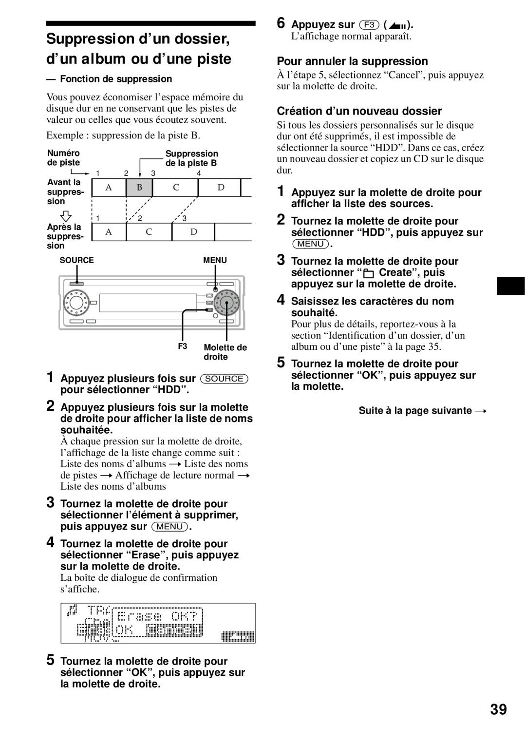 Sony MEX-1HD Fonction de suppression, Création d’un nouveau dossier, La boîte de dialogue de confirmation s’affiche 