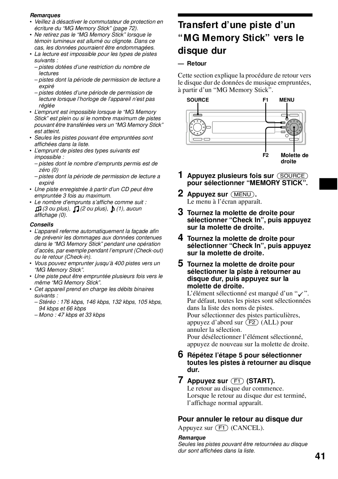 Sony MEX-1HD operating instructions Retour, Pour annuler le retour au disque dur 