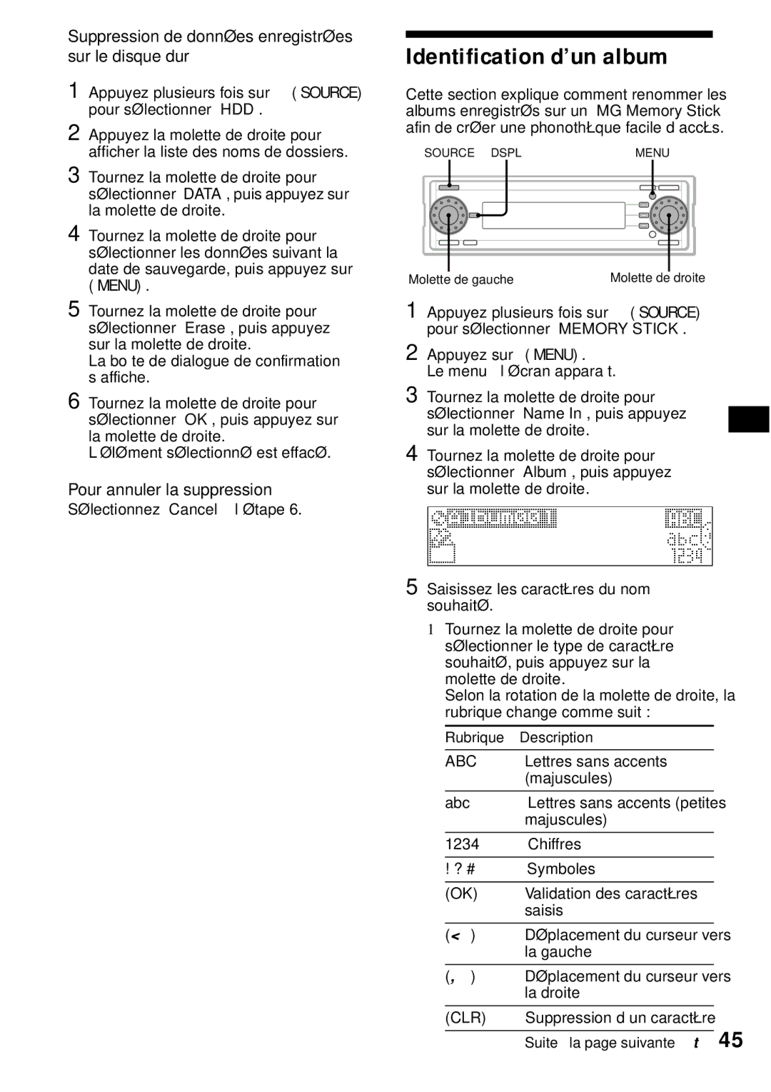 Sony MEX-1HD operating instructions Identification d’un album, Suppression de données enregistrées sur le disque dur 