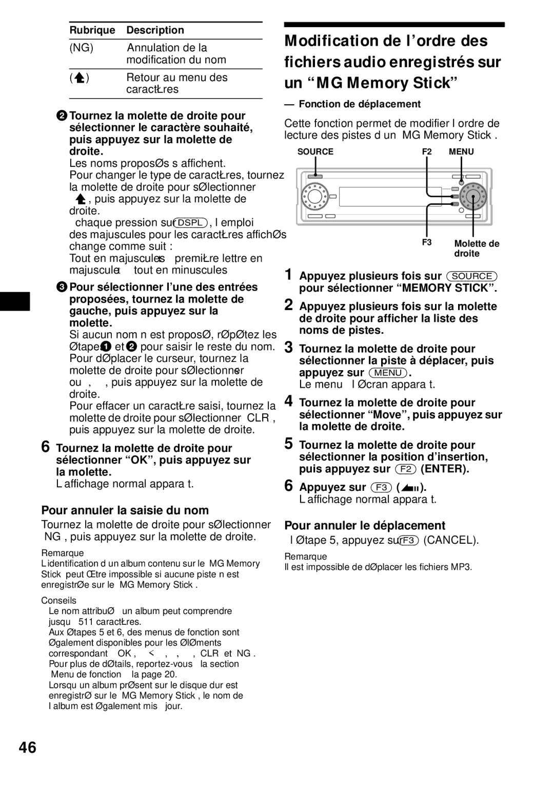 Sony MEX-1HD operating instructions Le menu à l’écran apparaît, ’étape 5, appuyez sur F3 Cancel 