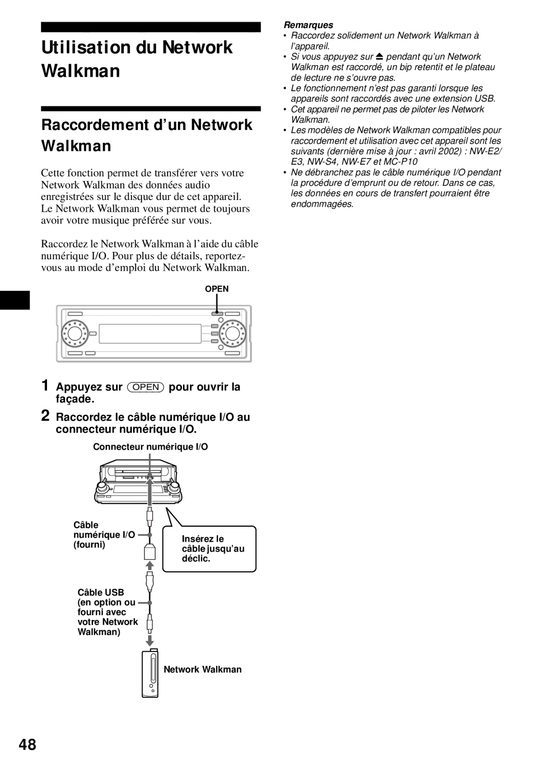 Sony MEX-1HD operating instructions Utilisation du Network Walkman, Raccordement d’un Network Walkman 