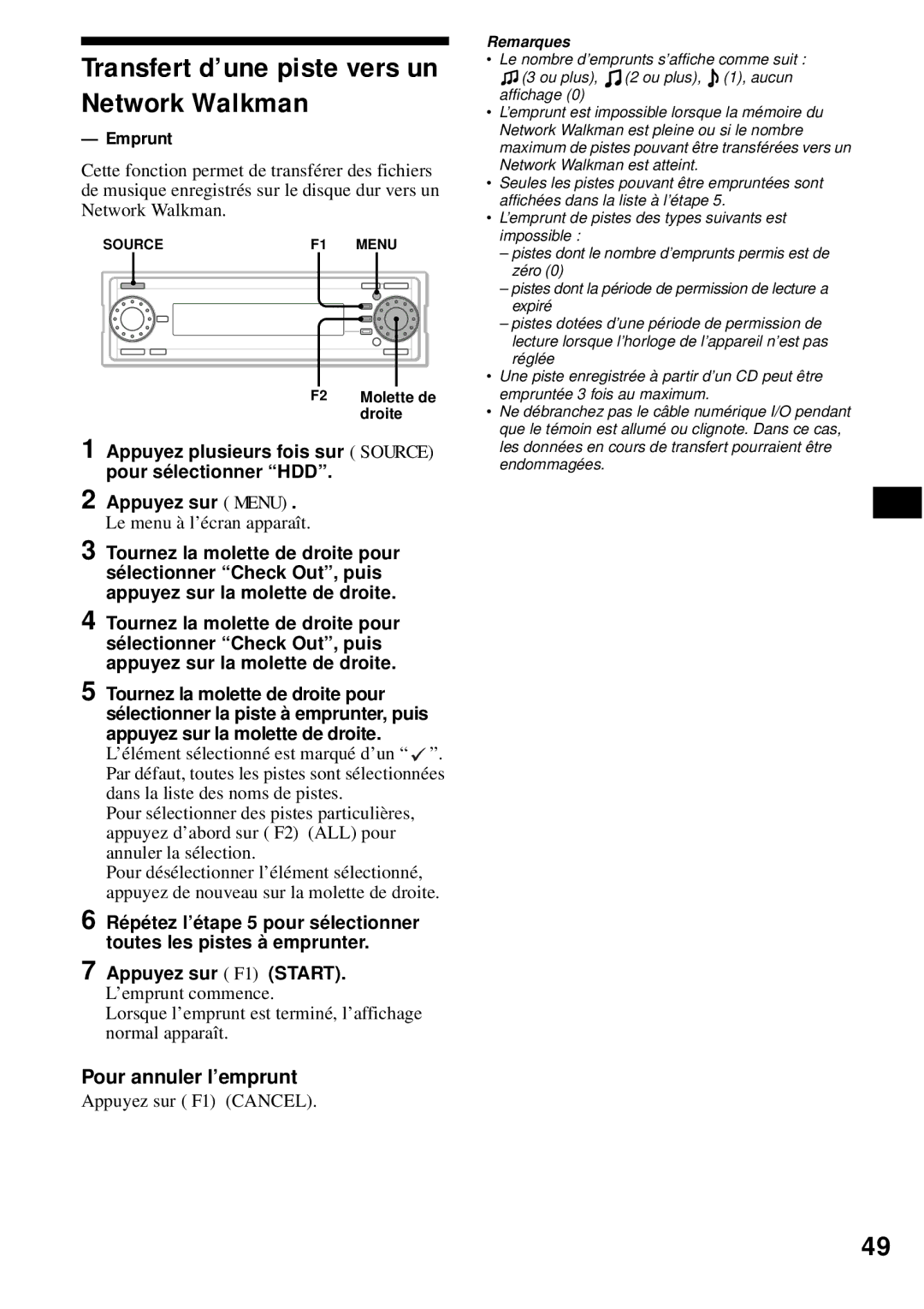 Sony MEX-1HD operating instructions Transfert d’une piste vers un Network Walkman, F2 Molette de droite Appuyez sur Menu 