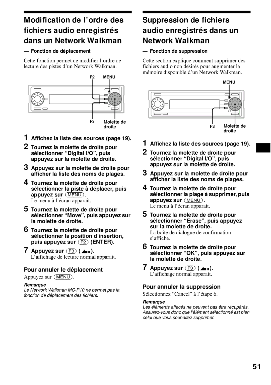 Sony MEX-1HD operating instructions Fonction de déplacement, ’affichage de lecture normal apparaît 