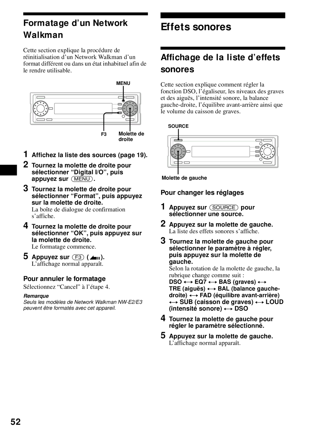 Sony MEX-1HD Effets sonores, Formatage d’un Network Walkman, Affichage de la liste d’effets sonores, Le formatage commence 