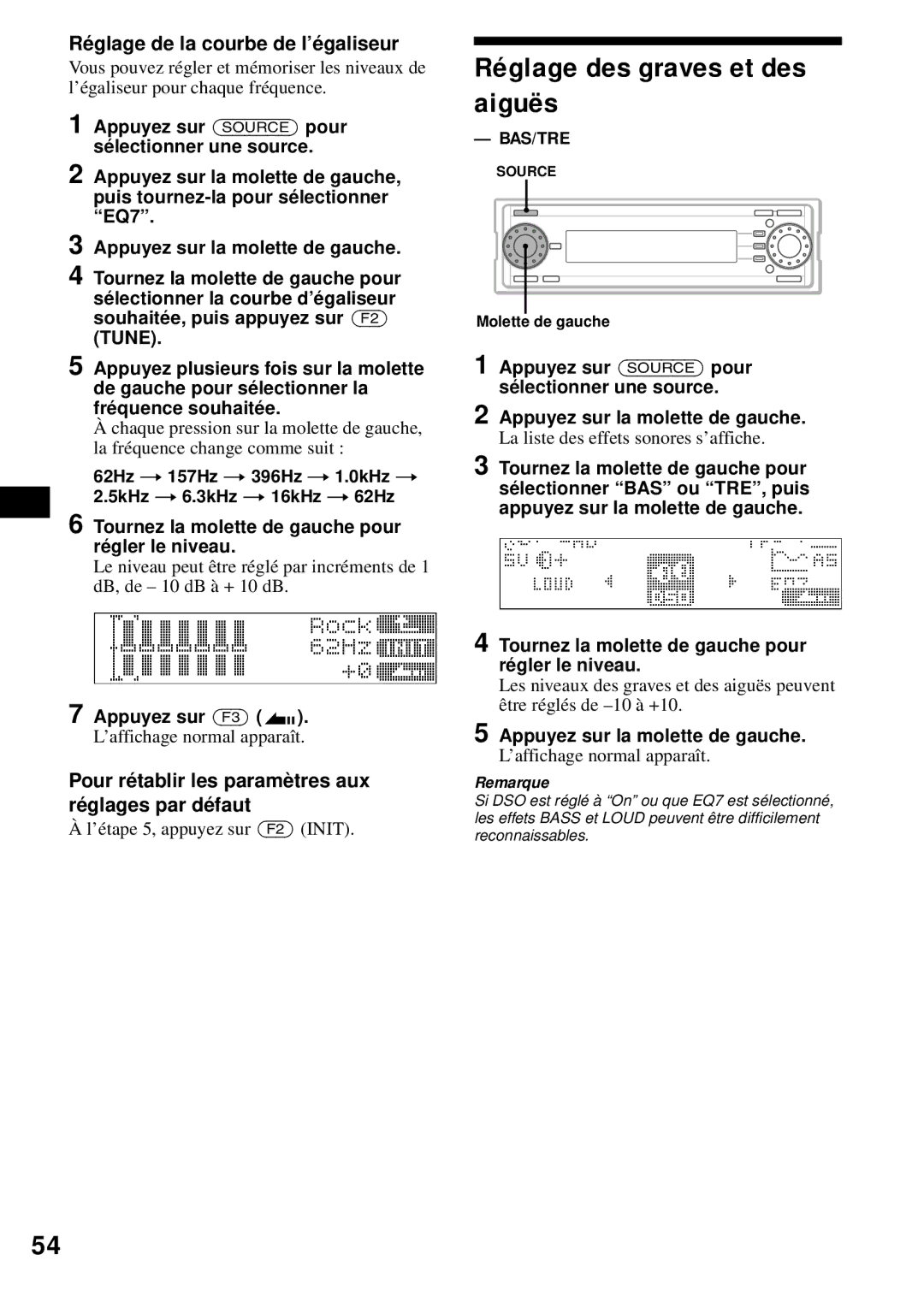 Sony MEX-1HD Réglage des graves et des aiguës, Réglage de la courbe de l’égaliseur, ’étape 5, appuyez sur F2 Init 