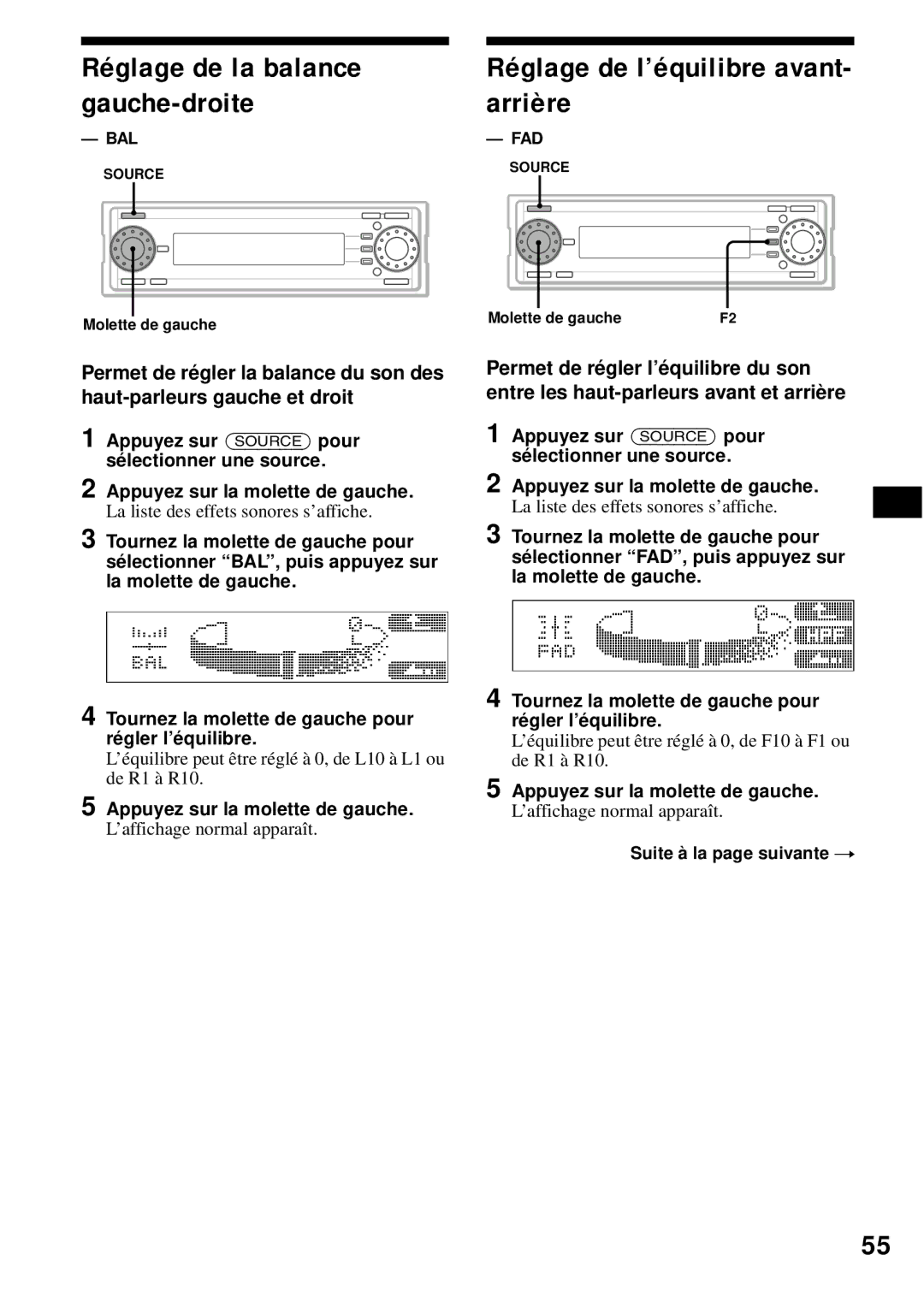 Sony MEX-1HD operating instructions Réglage de l’équilibre avant- arrière, Réglage de la balance gauche-droite 