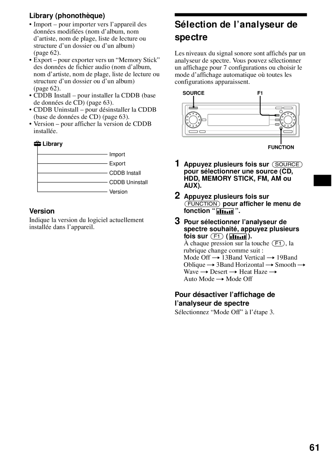 Sony MEX-1HD operating instructions Sélection de l’analyseur de spectre, Library phonothèque, Fonction, Fois sur F1 