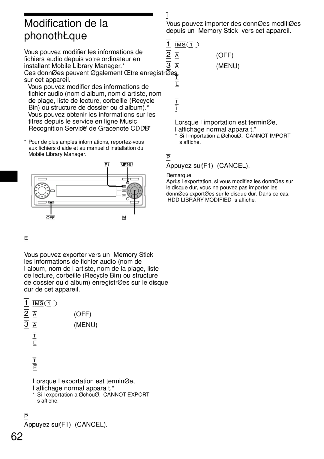 Sony MEX-1HD operating instructions Exportation des informations sur le fichier audio, Pour annuler l’exportation 