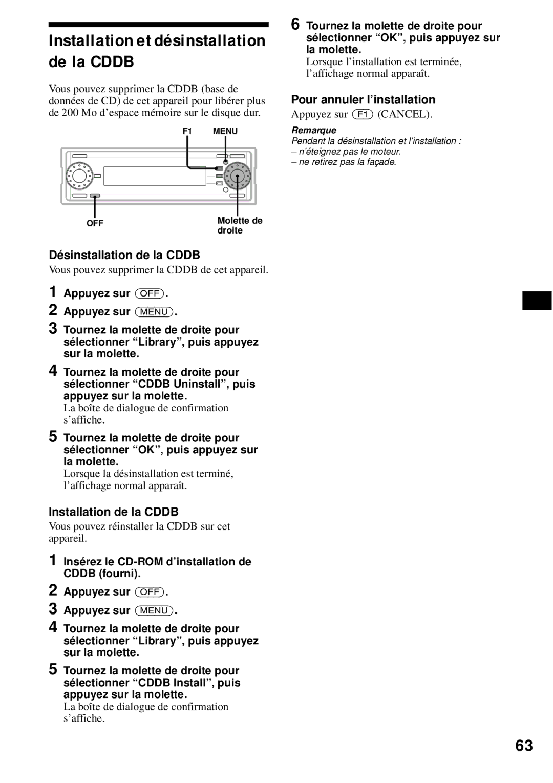 Sony MEX-1HD Installation et désinstallation de la Cddb, Désinstallation de la Cddb, Installation de la Cddb 