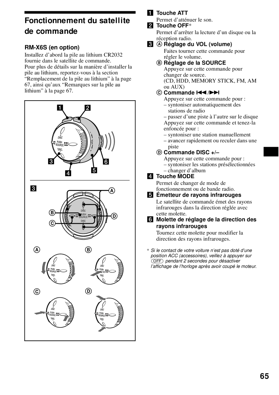 Sony MEX-1HD operating instructions Fonctionnement du satellite de commande, RM-X6S en option 