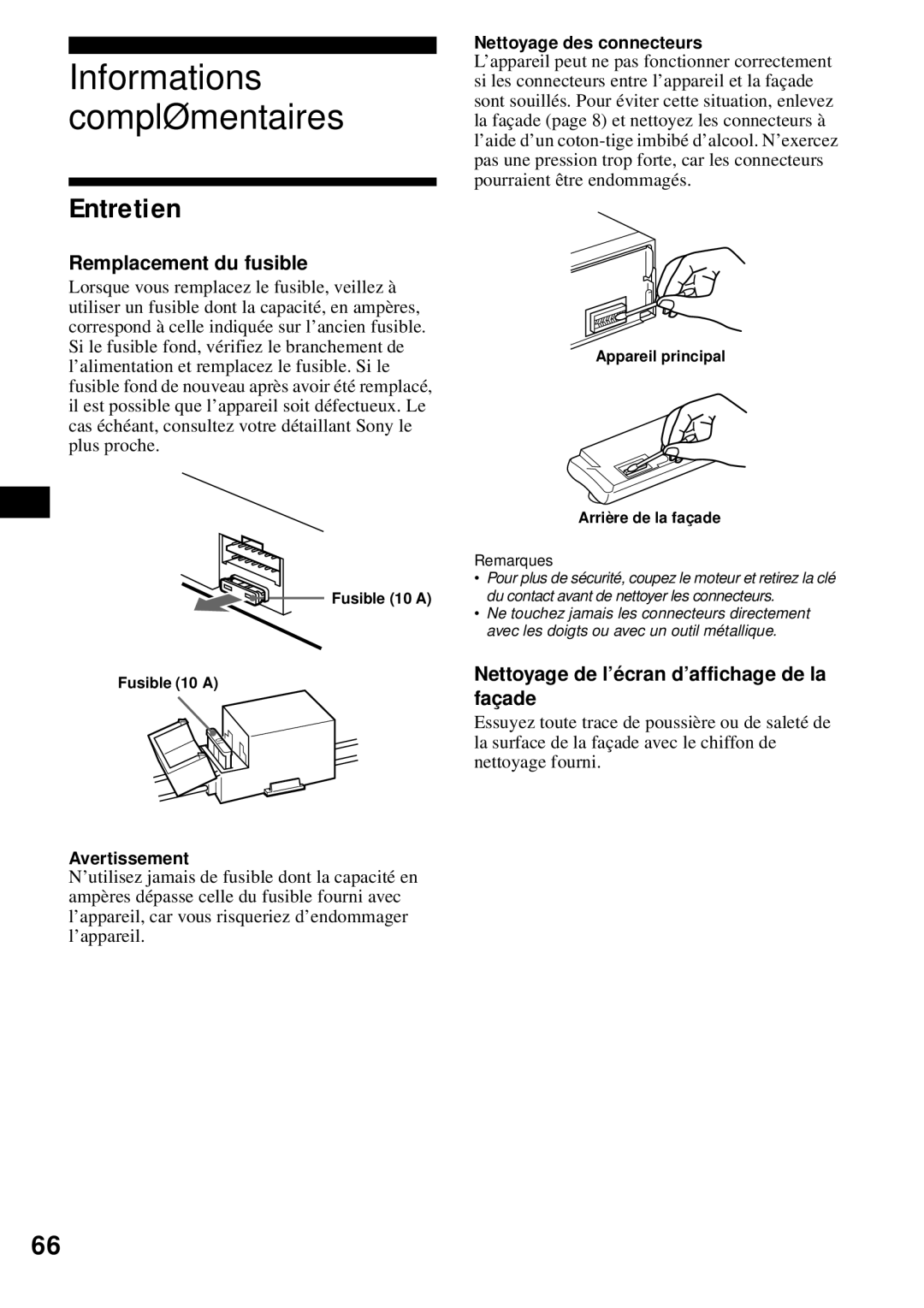 Sony MEX-1HD Entretien, Remplacement du fusible, Nettoyage de l’écran d’affichage de la façade, Avertissement 