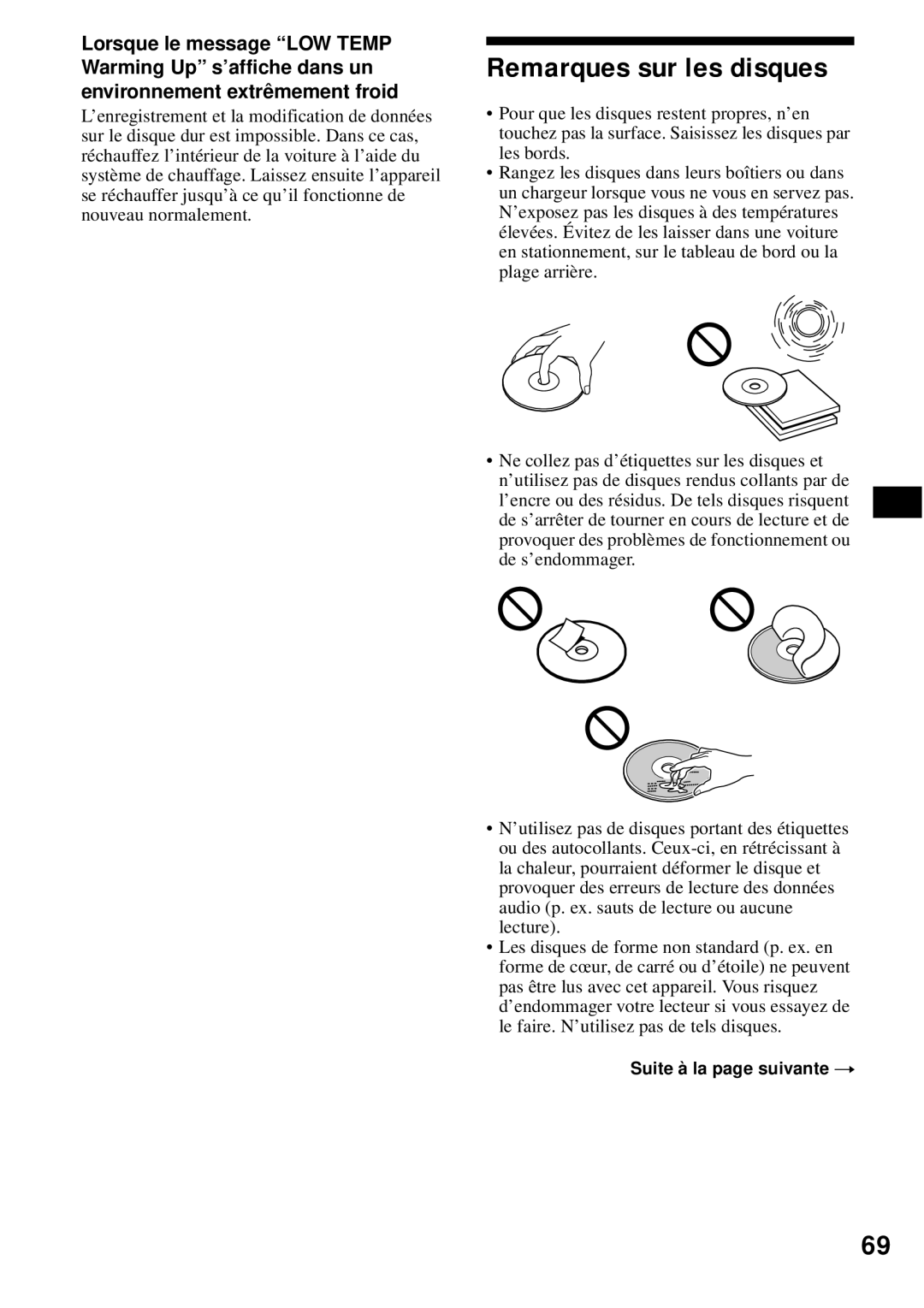 Sony MEX-1HD operating instructions Remarques sur les disques, Suite à la page suivante t 