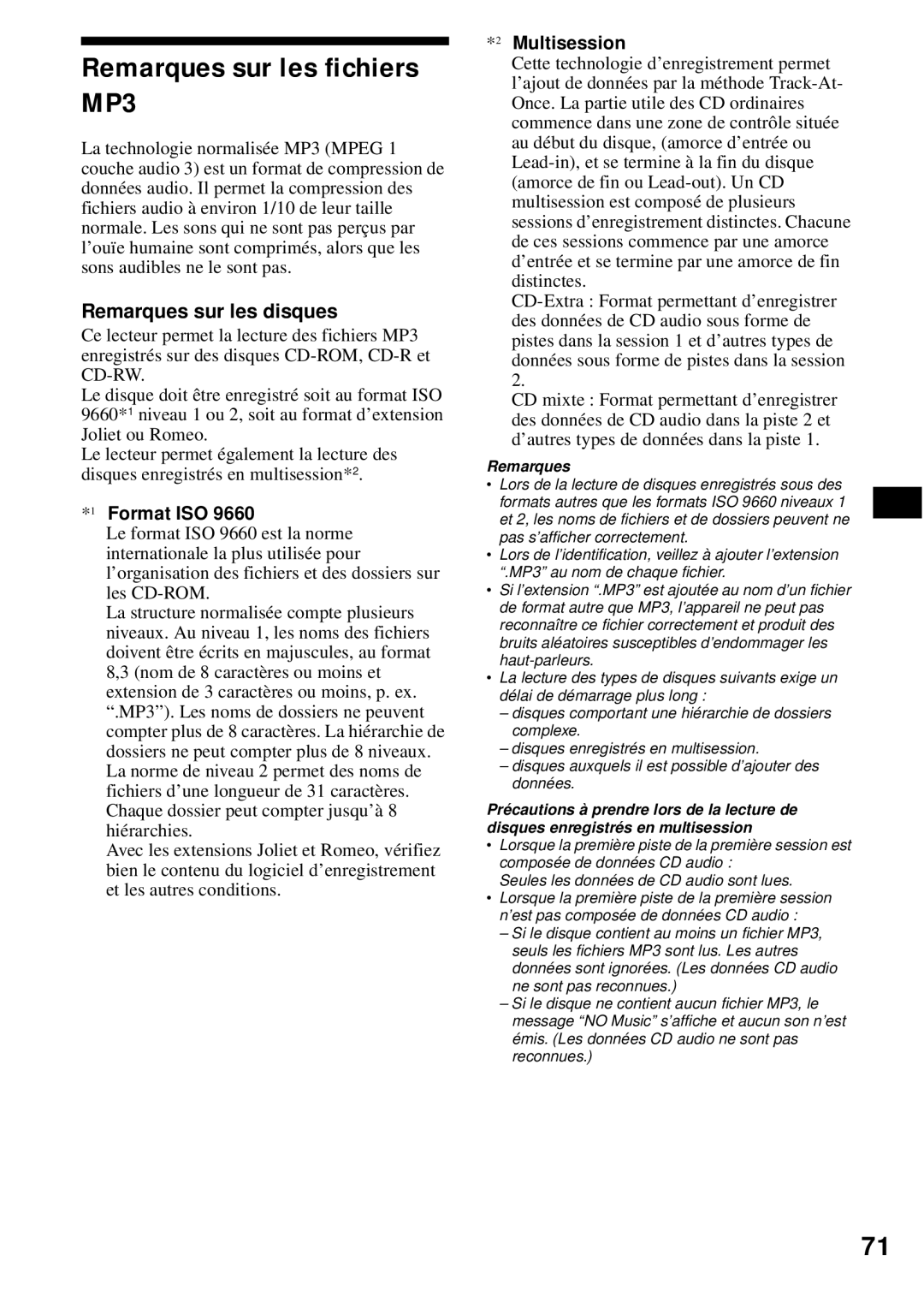 Sony MEX-1HD operating instructions Remarques sur les fichiers MP3, Remarques sur les disques, Format ISO, Multisession 