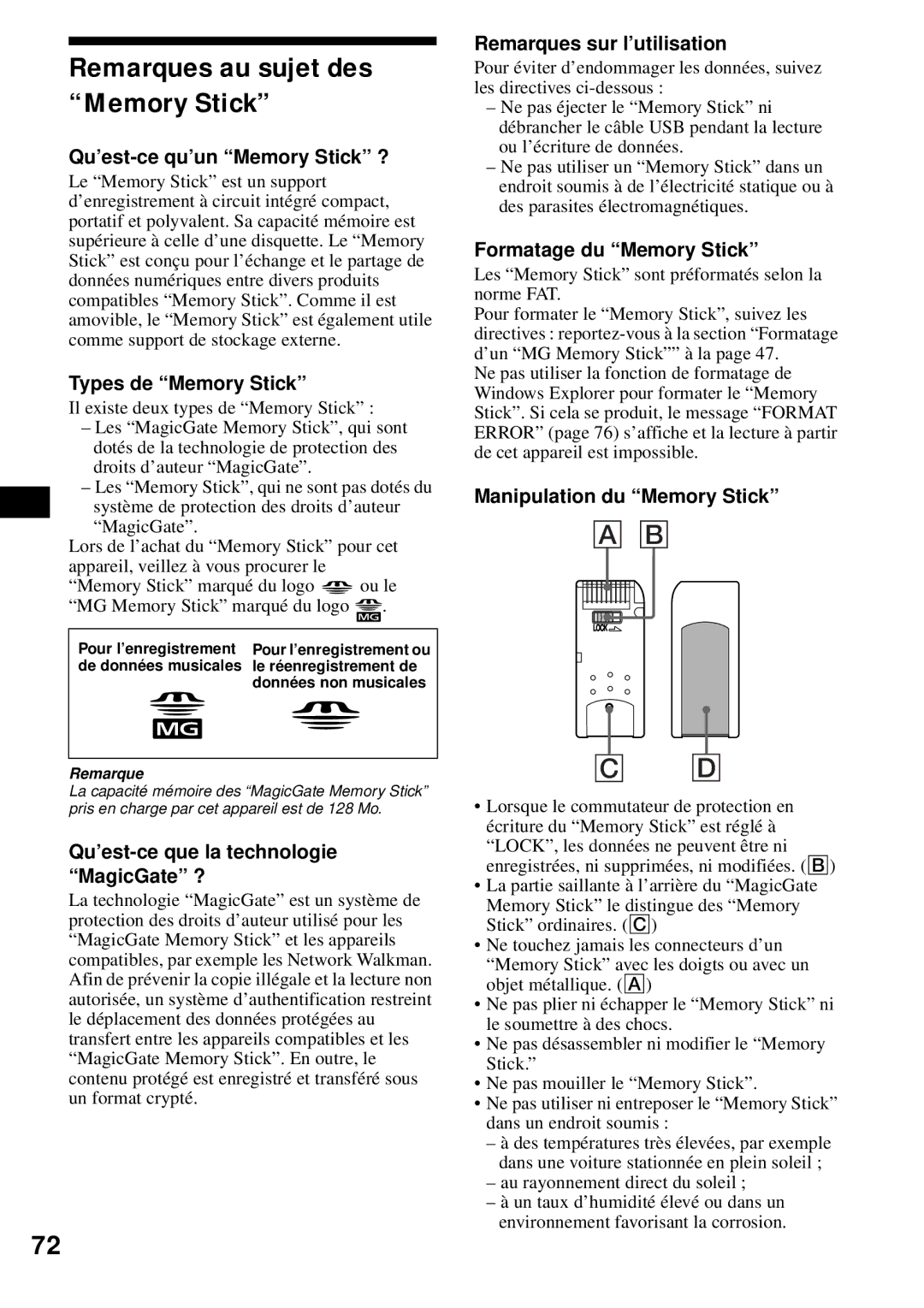 Sony MEX-1HD operating instructions Remarques au sujet des Memory Stick 