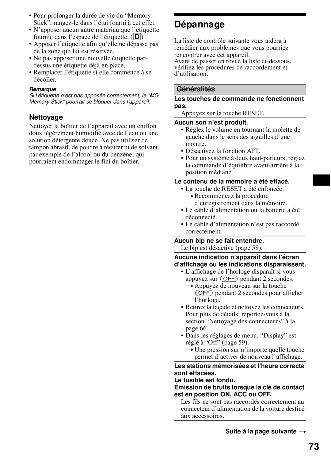 Sony MEX-1HD operating instructions Dépannage, Nettoyage, Généralités 