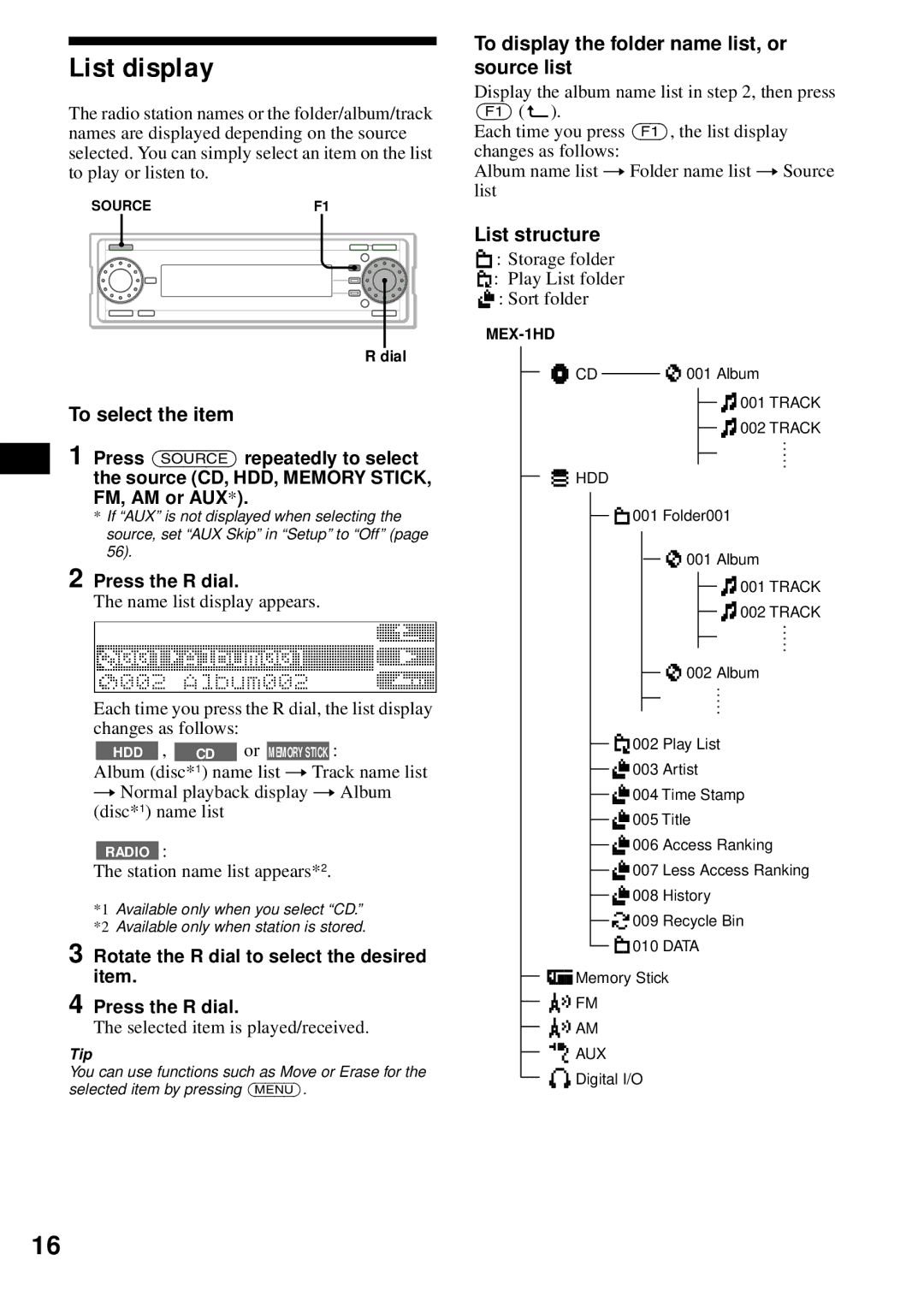 Sony MEX-1HD List display, To display the folder name list, or source list, To select the item, List structure 