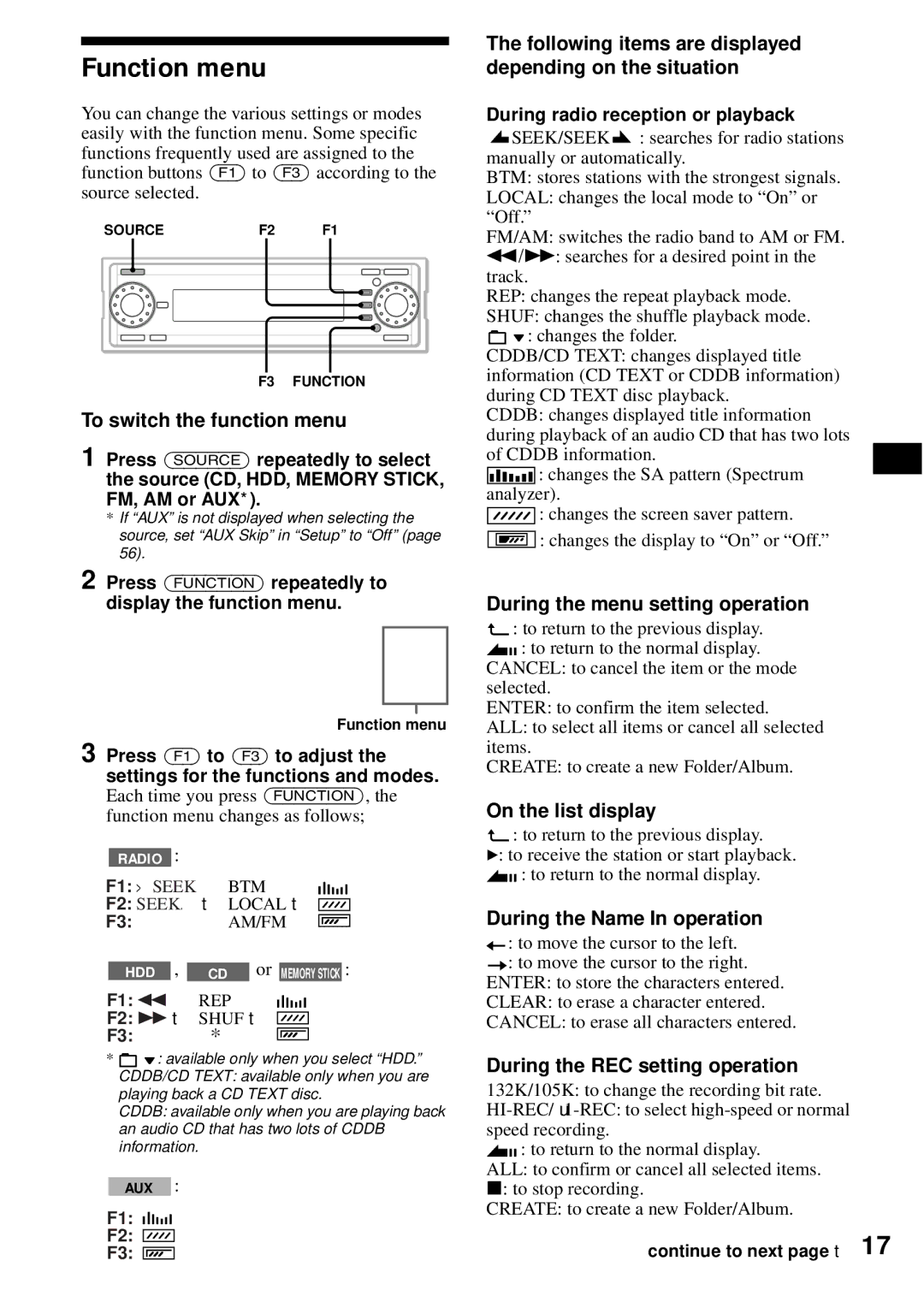 Sony MEX-1HD operating instructions Function menu 