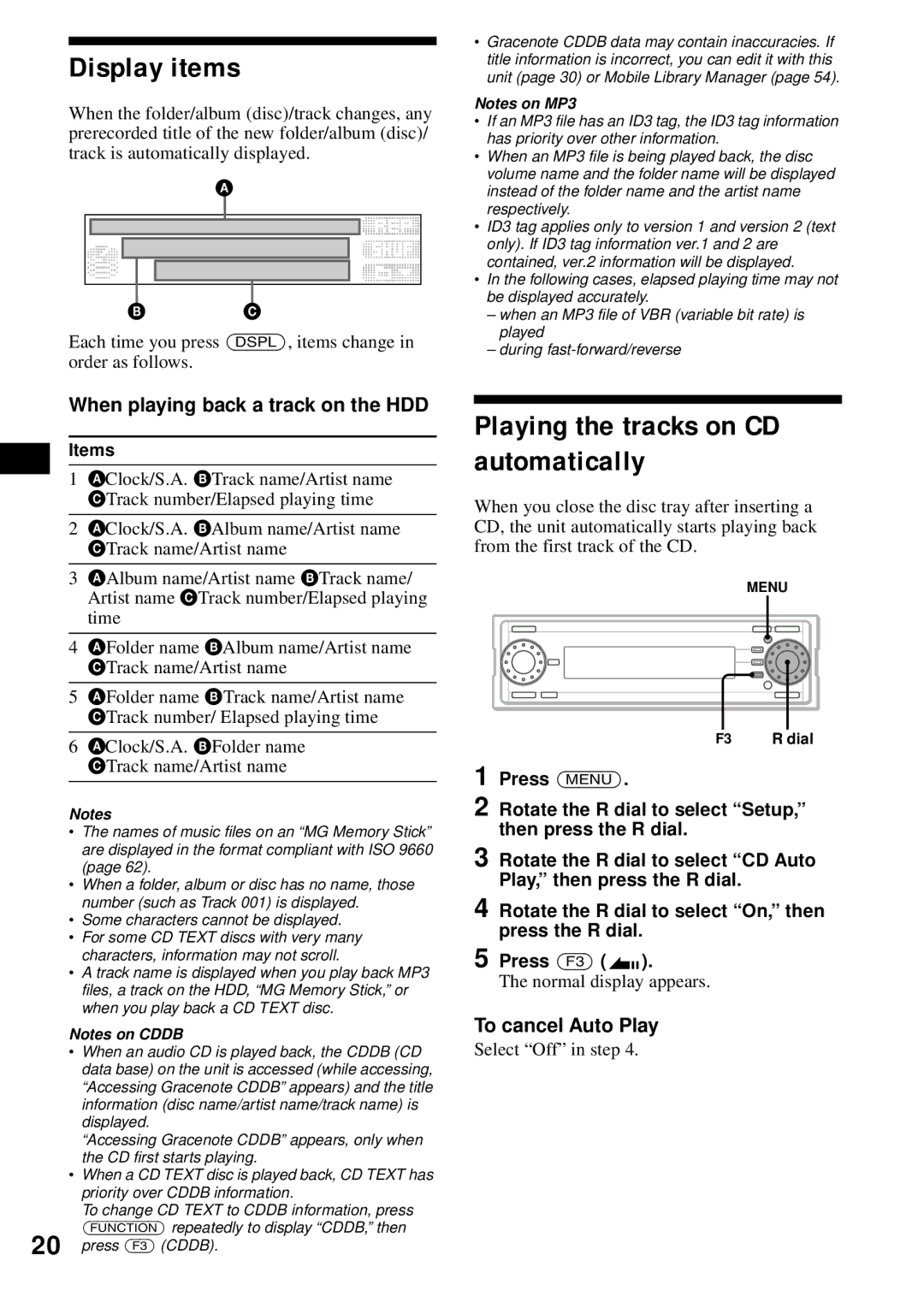 Sony MEX-1HD Display items, Playing the tracks on CD automatically, When playing back a track on the HDD 