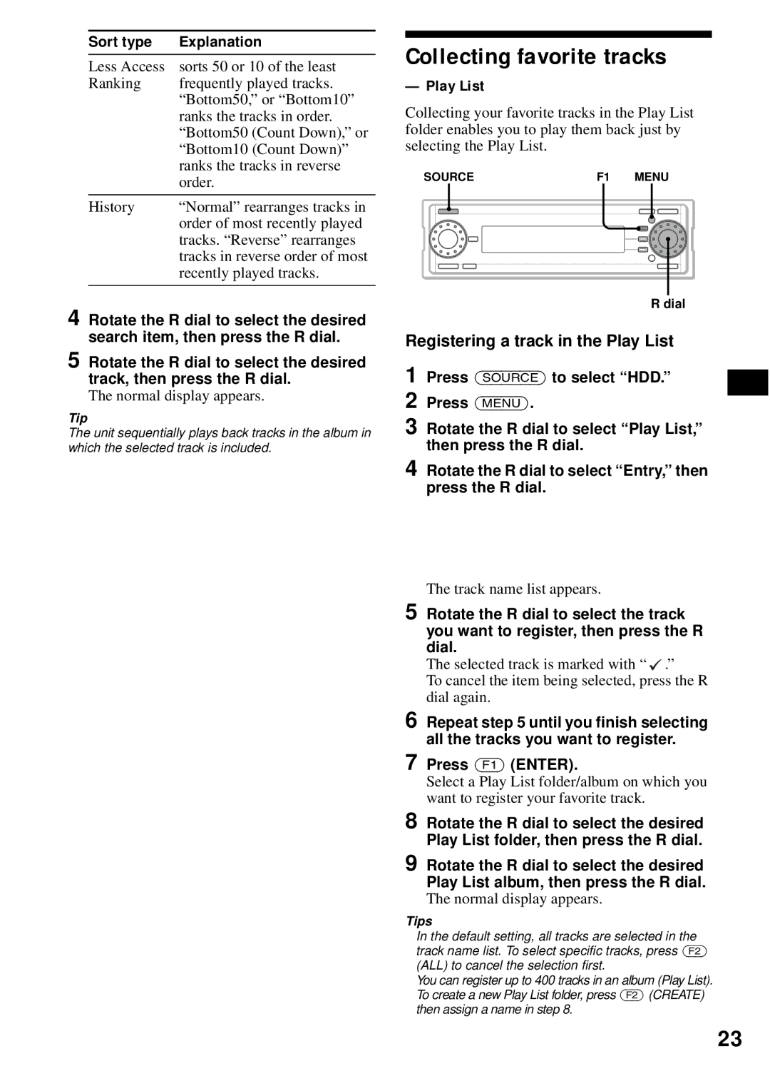 Sony MEX-1HD Collecting favorite tracks, Registering a track in the Play List, Sort type Explanation, Press F1 Enter 