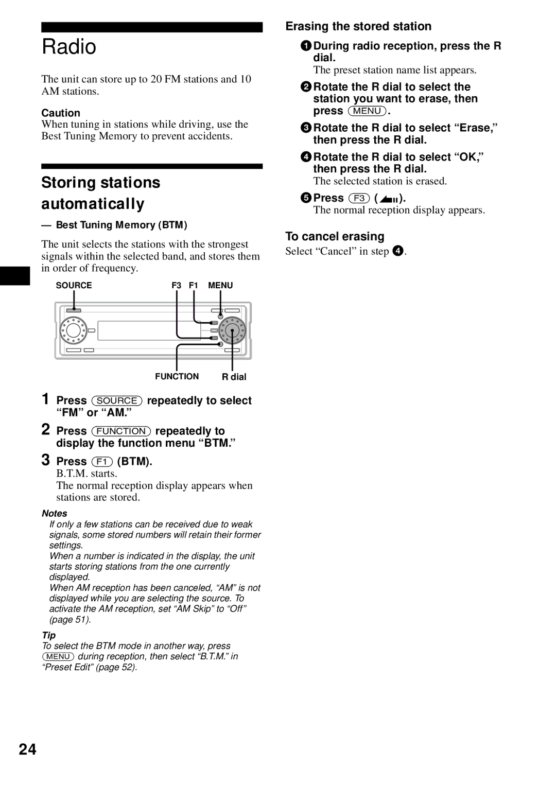 Sony MEX-1HD operating instructions Radio, Best Tuning Memory BTM, Erasing the stored station, To cancel erasing 