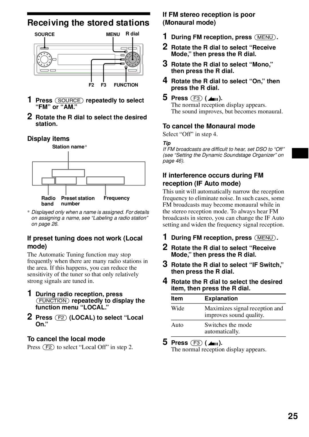 Sony MEX-1HD operating instructions Receiving the stored stations 