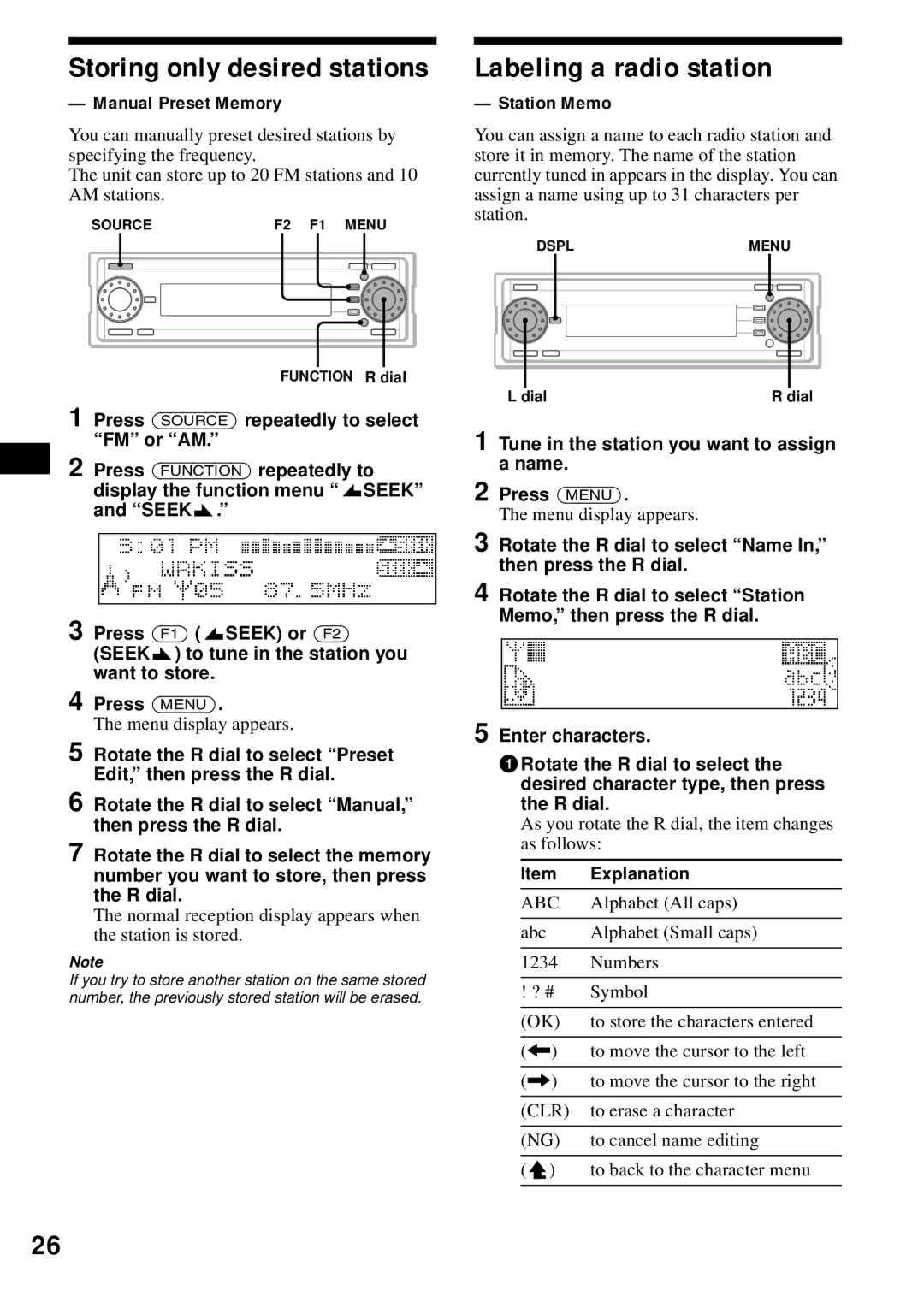 Sony MEX-1HD Labeling a radio station, Storing only desired stations, Manual Preset Memory, Station Memo 