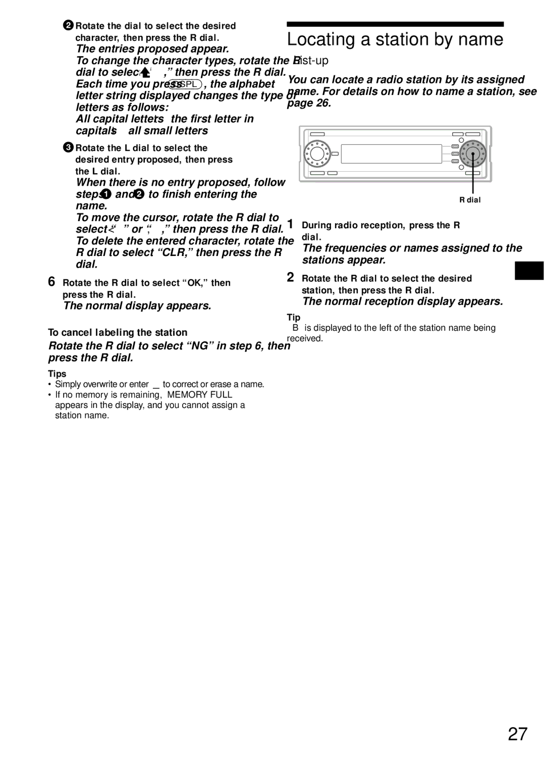 Sony MEX-1HD operating instructions Locating a station by name, To cancel labeling the station 