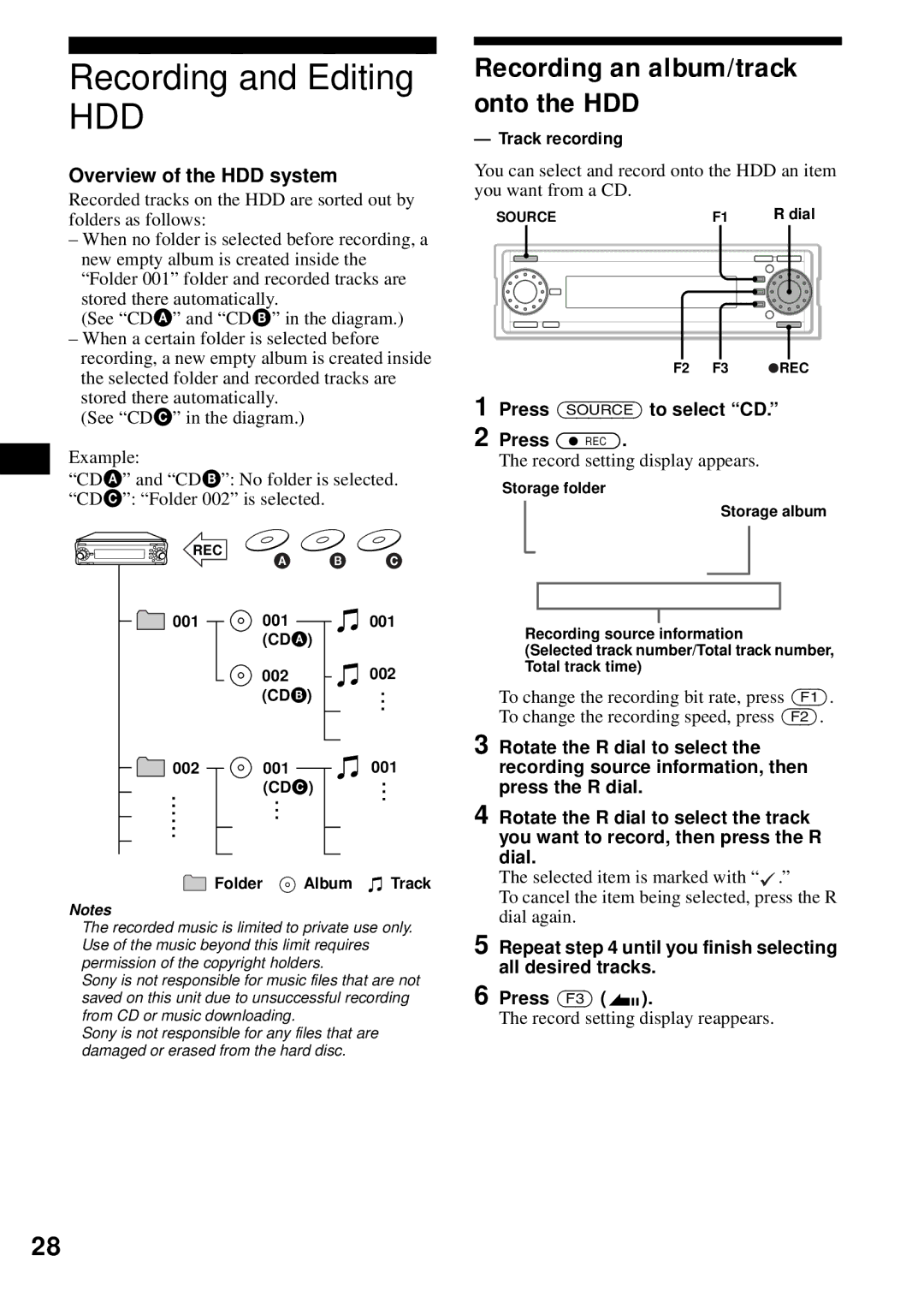 Sony MEX-1HD operating instructions Recording and Editing, Overview of the HDD system, Track recording 