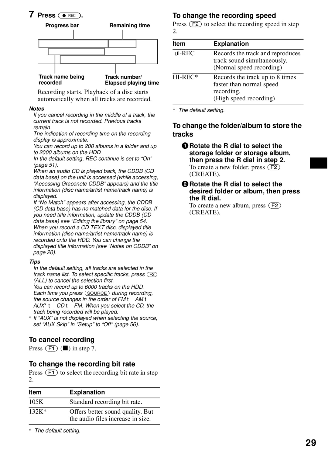 Sony MEX-1HD operating instructions To cancel recording, To change the recording bit rate, To change the recording speed 