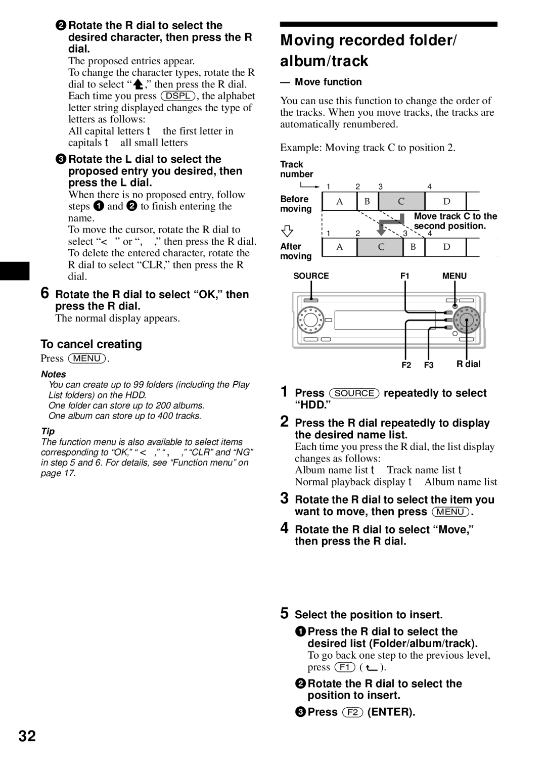 Sony MEX-1HD operating instructions Moving recorded folder/ album/track, To cancel creating, Move function, Press Menu 