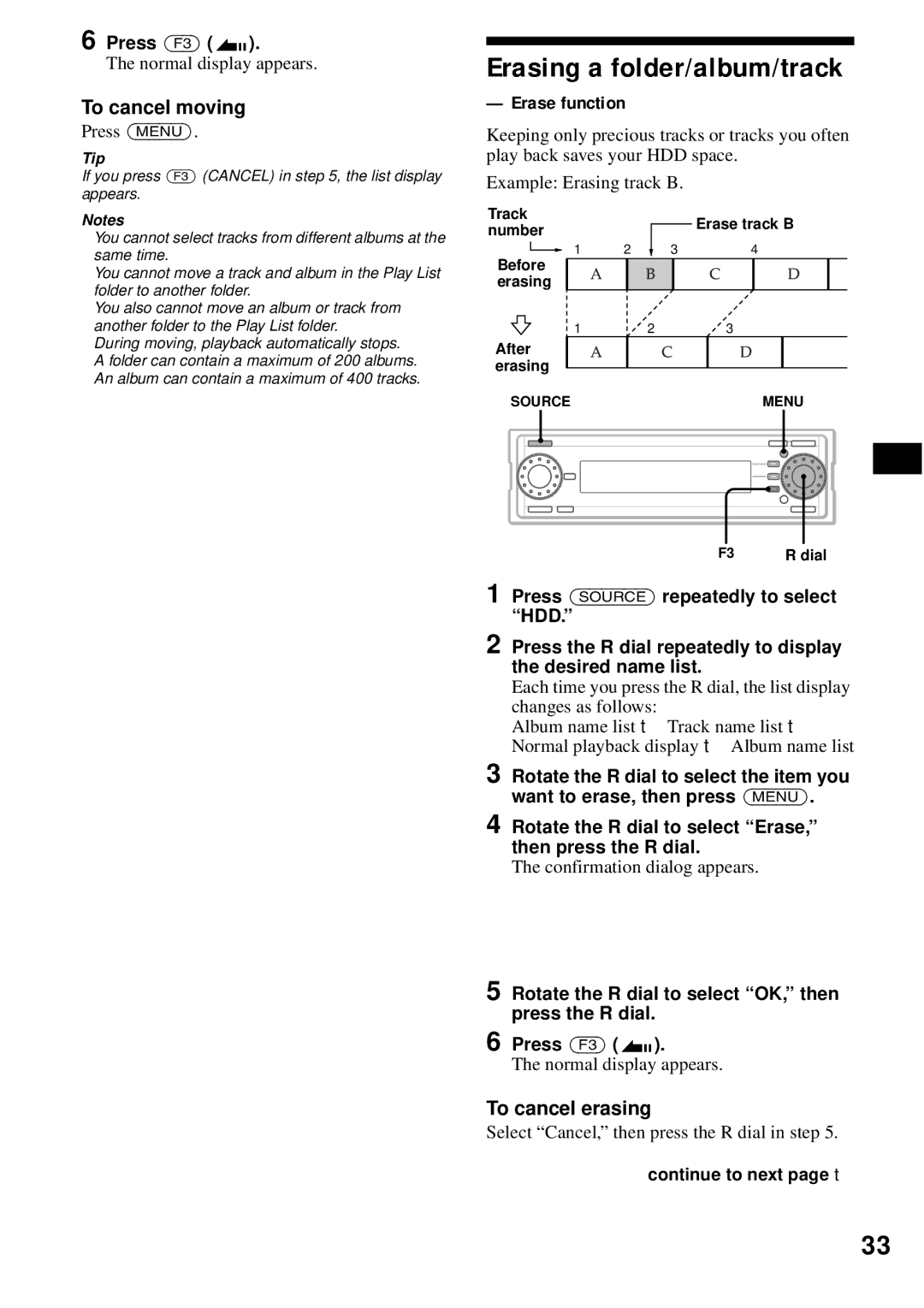 Sony MEX-1HD Erasing a folder/album/track, To cancel moving, Erase function, Select Cancel, then press the R dial in step 