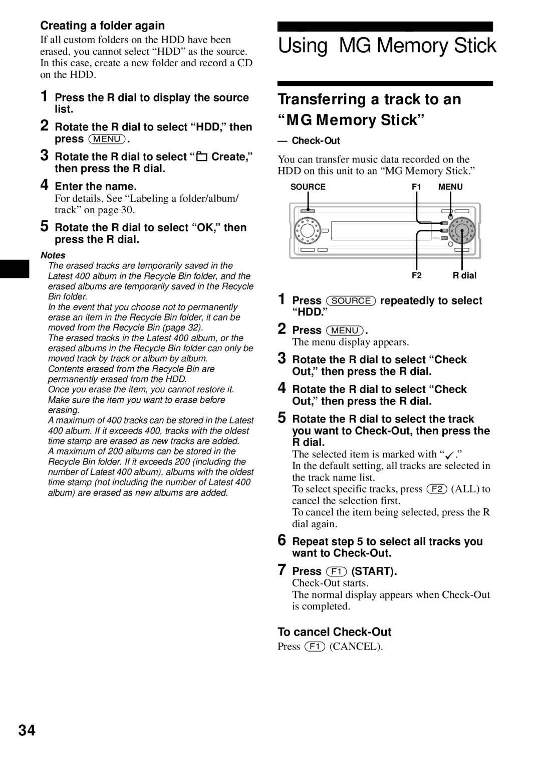 Sony MEX-1HD Using MG Memory Stick, Transferring a track to an MG Memory Stick, Creating a folder again, Check-Out 