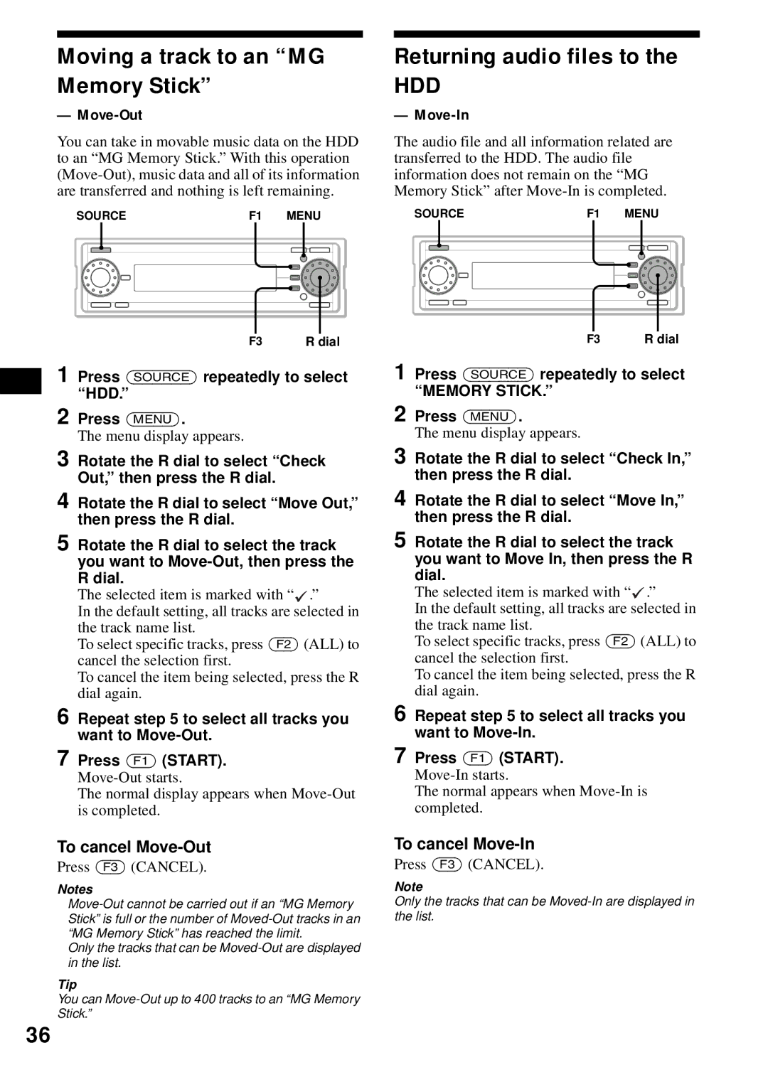Sony MEX-1HD operating instructions Moving a track to an MG Memory Stick, Returning audio files to 