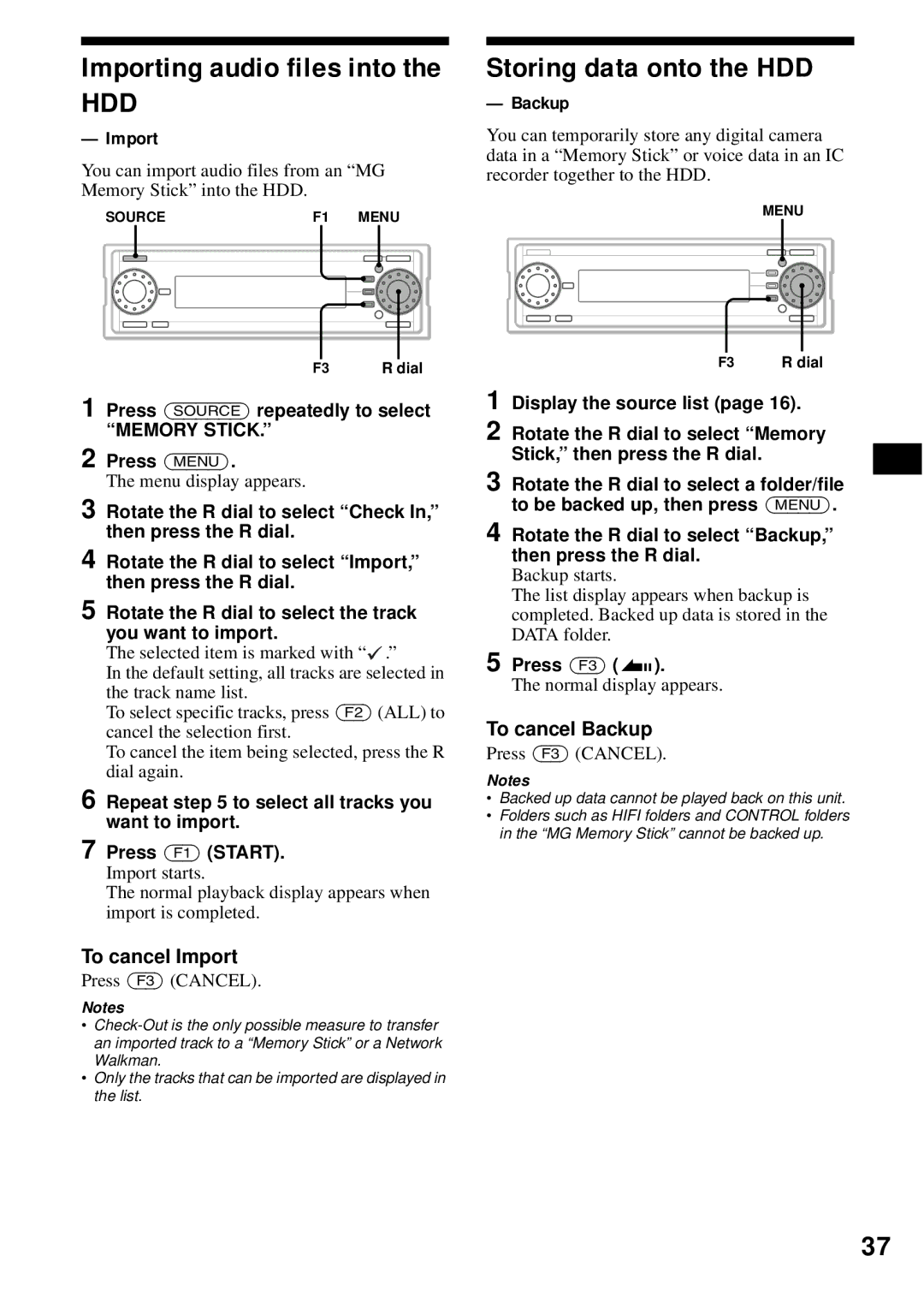 Sony MEX-1HD operating instructions Storing data onto the HDD, Importing audio files into 