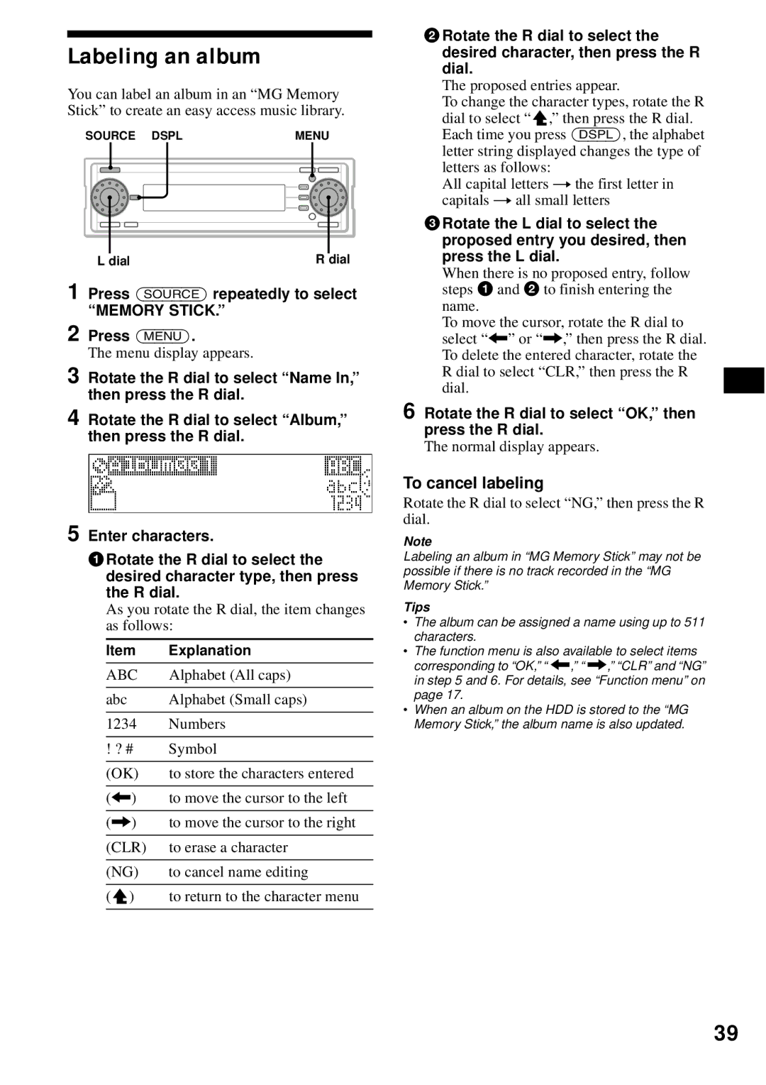 Sony MEX-1HD operating instructions Labeling an album, Rotate the R dial to select NG, then press the R dial 