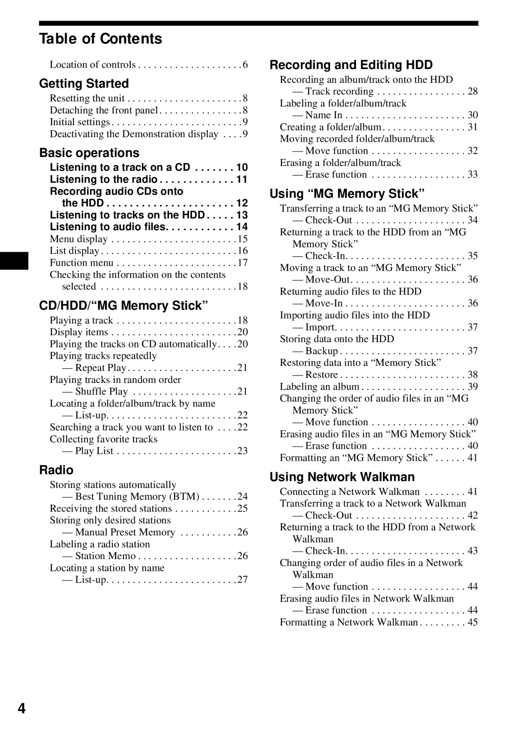 Sony MEX-1HD operating instructions Table of Contents 