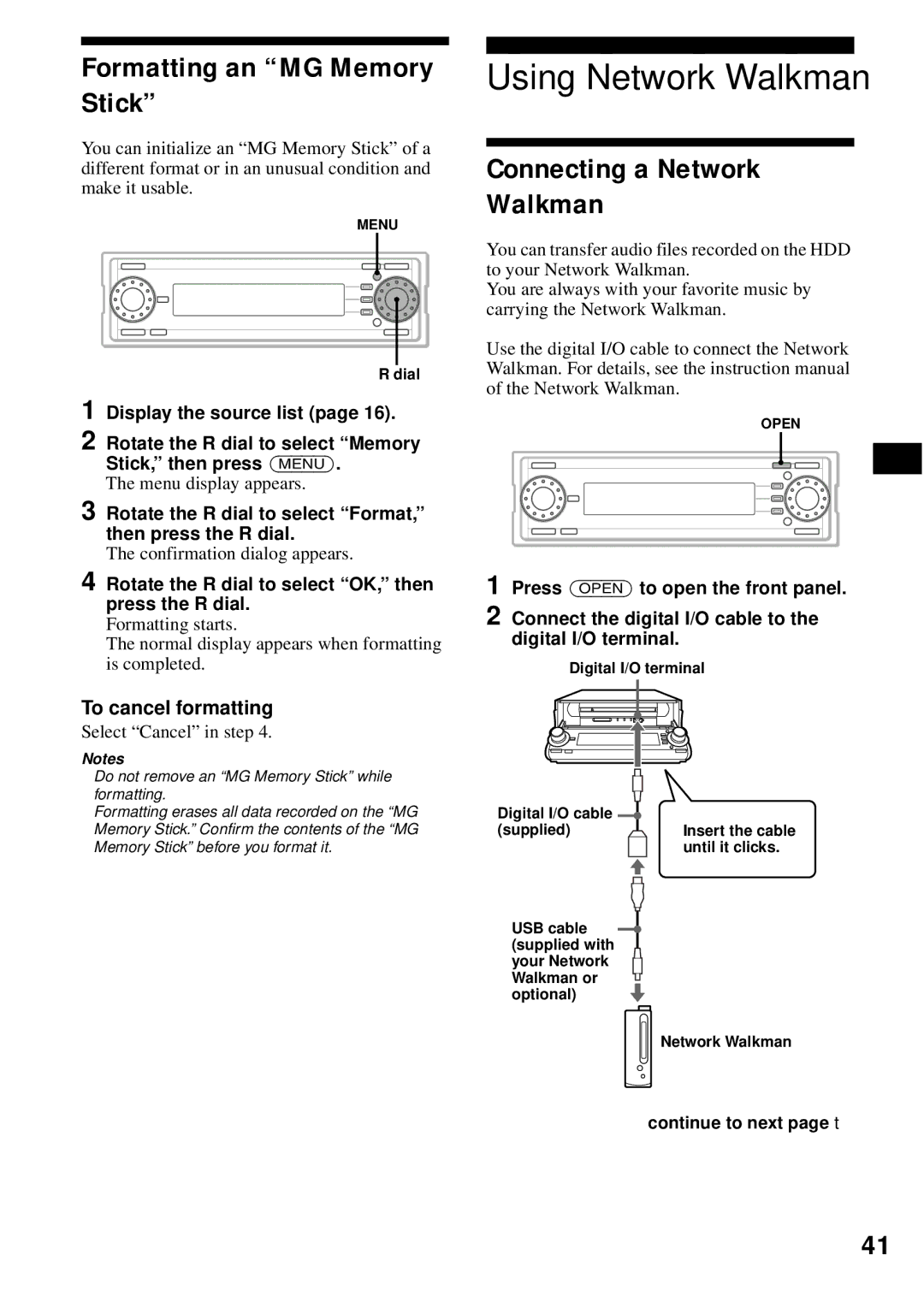 Sony MEX-1HD operating instructions Formatting an MG Memory Stick, To cancel formatting 