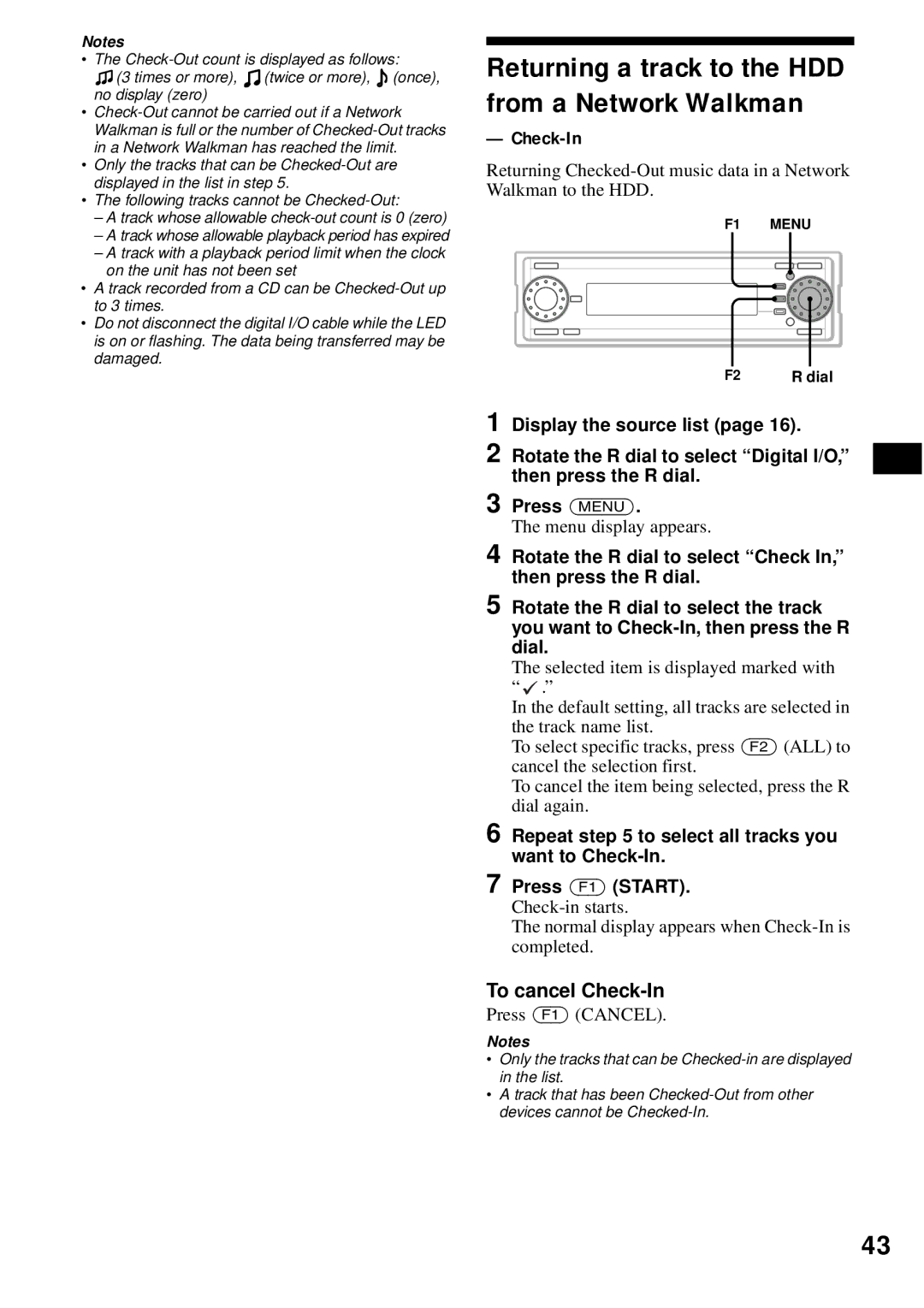 Sony MEX-1HD operating instructions Returning a track to the HDD from a Network Walkman 