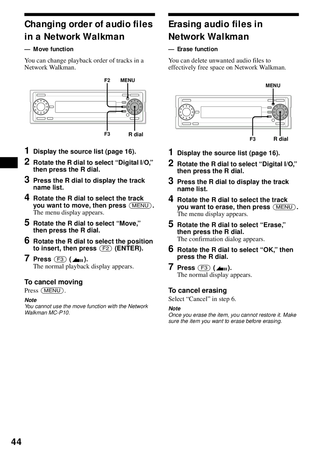 Sony MEX-1HD Changing order of audio files in a Network Walkman, Erasing audio files in Network Walkman 