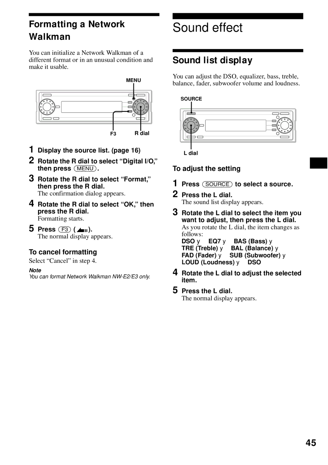 Sony MEX-1HD operating instructions Sound effect, Formatting a Network Walkman, Sound list display, To adjust the setting 