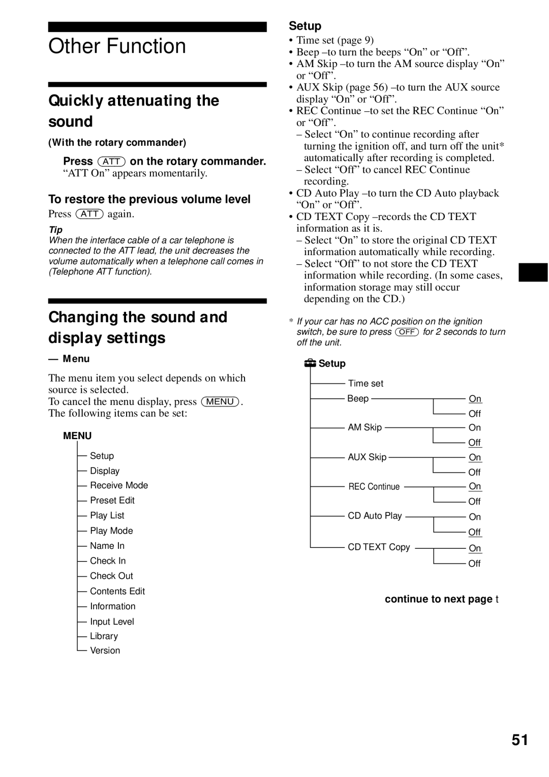 Sony MEX-1HD operating instructions Other Function, Quickly attenuating the sound, Changing the sound and display settings 