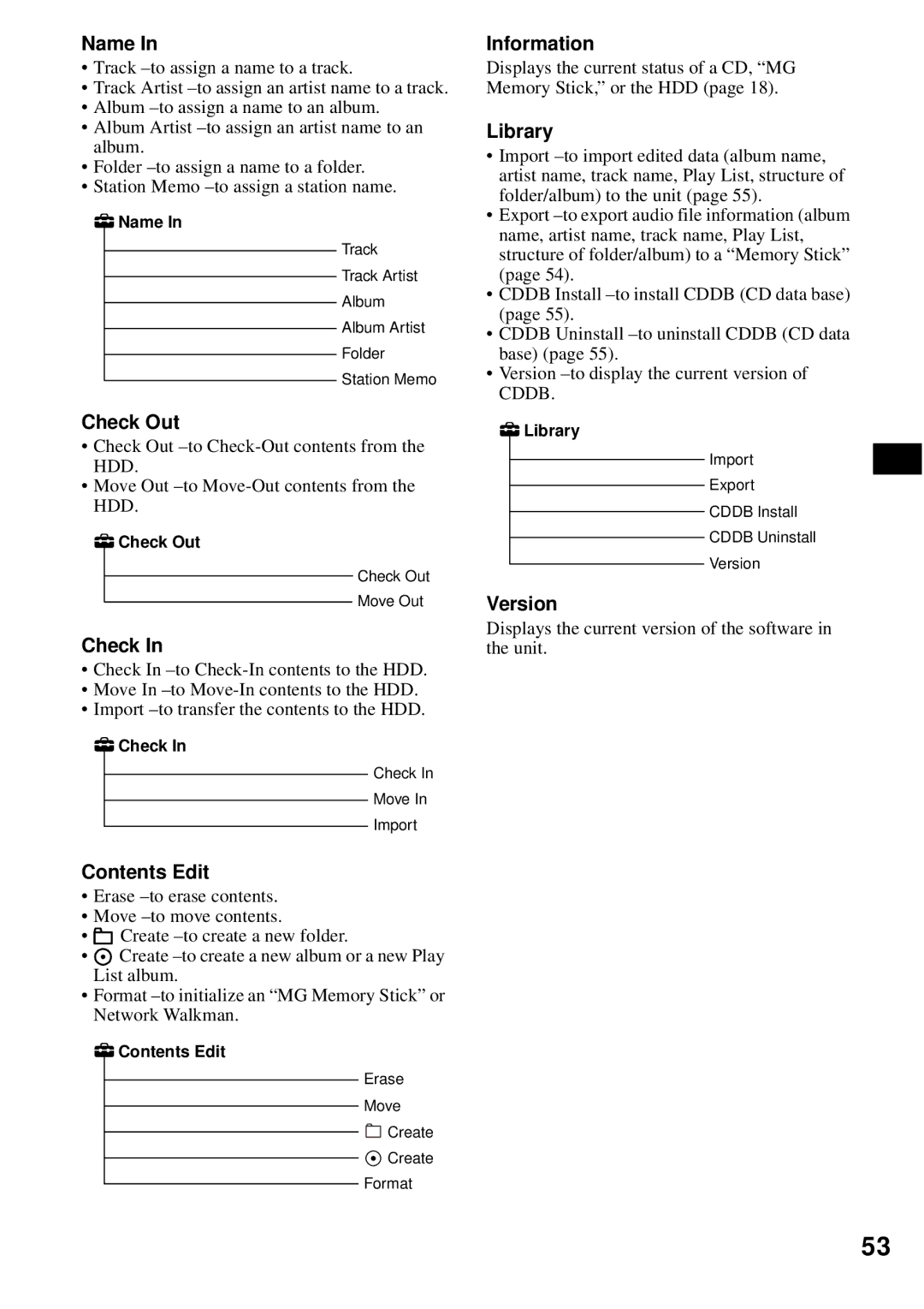 Sony MEX-1HD operating instructions Check Out, Contents Edit, Information, Library, Version 