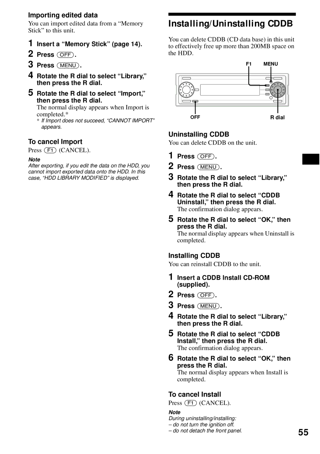 Sony MEX-1HD operating instructions Installing/Uninstalling Cddb, Importing edited data, Installing Cddb, To cancel Install 