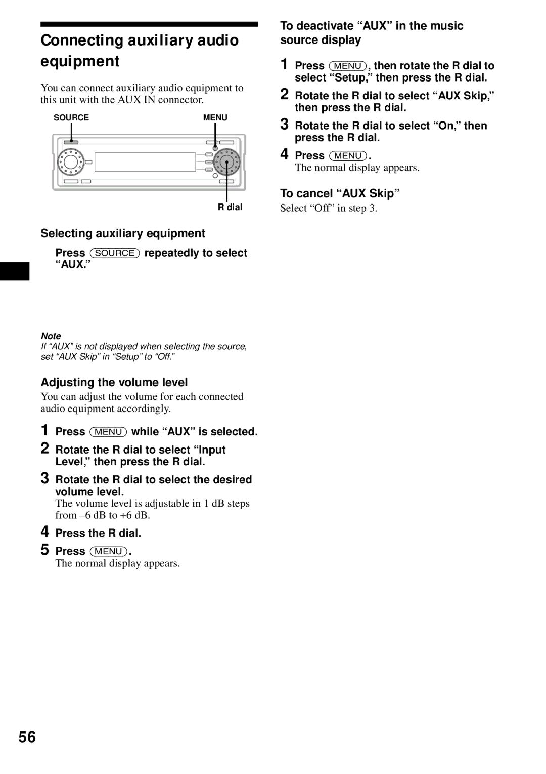 Sony MEX-1HD Connecting auxiliary audio equipment, Selecting auxiliary equipment, Adjusting the volume level 